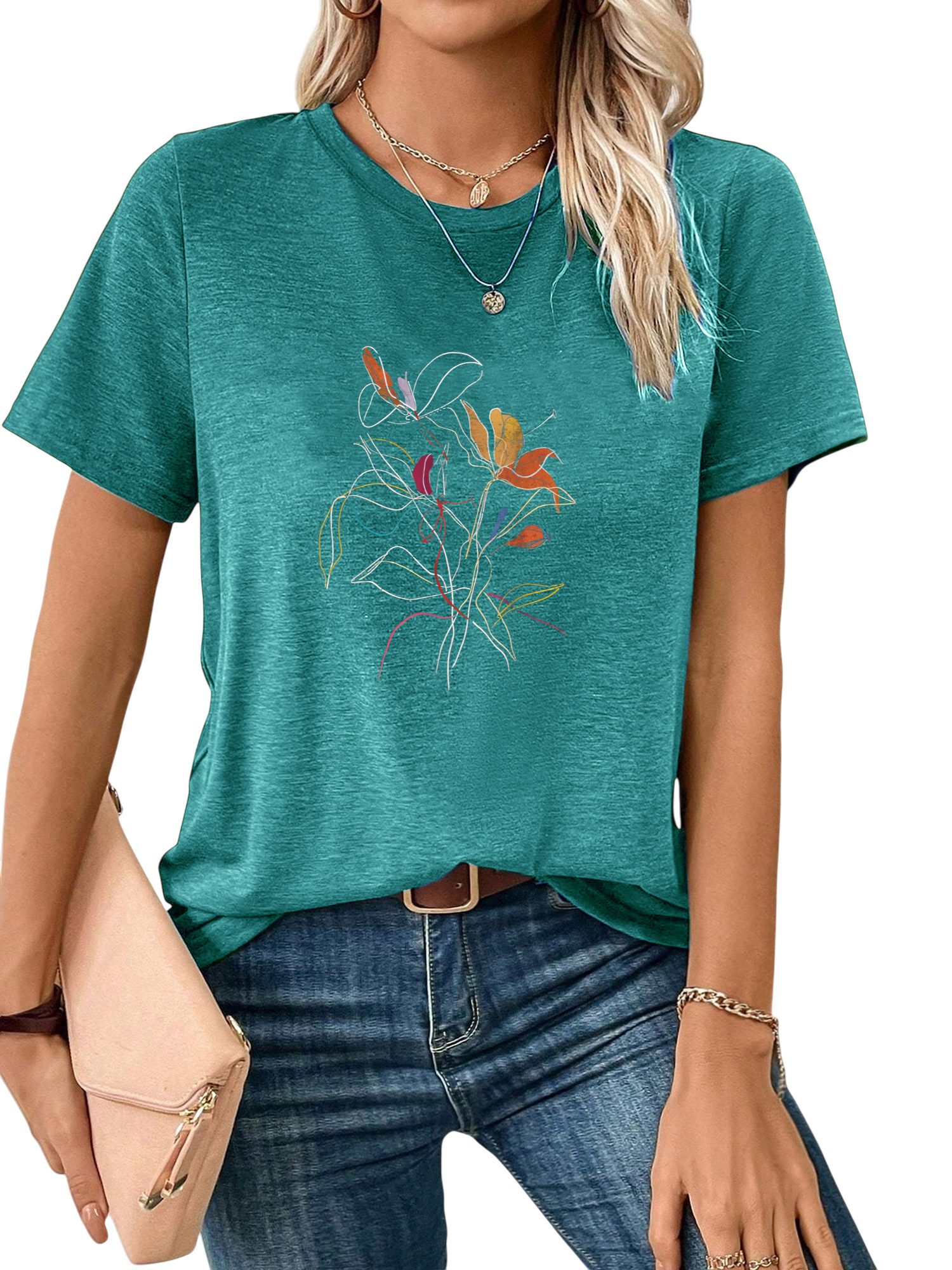 PYLIKE Rundhalsshirt Damen Frühling Casual bequemes t shirt mit Blumen Prin günstig online kaufen