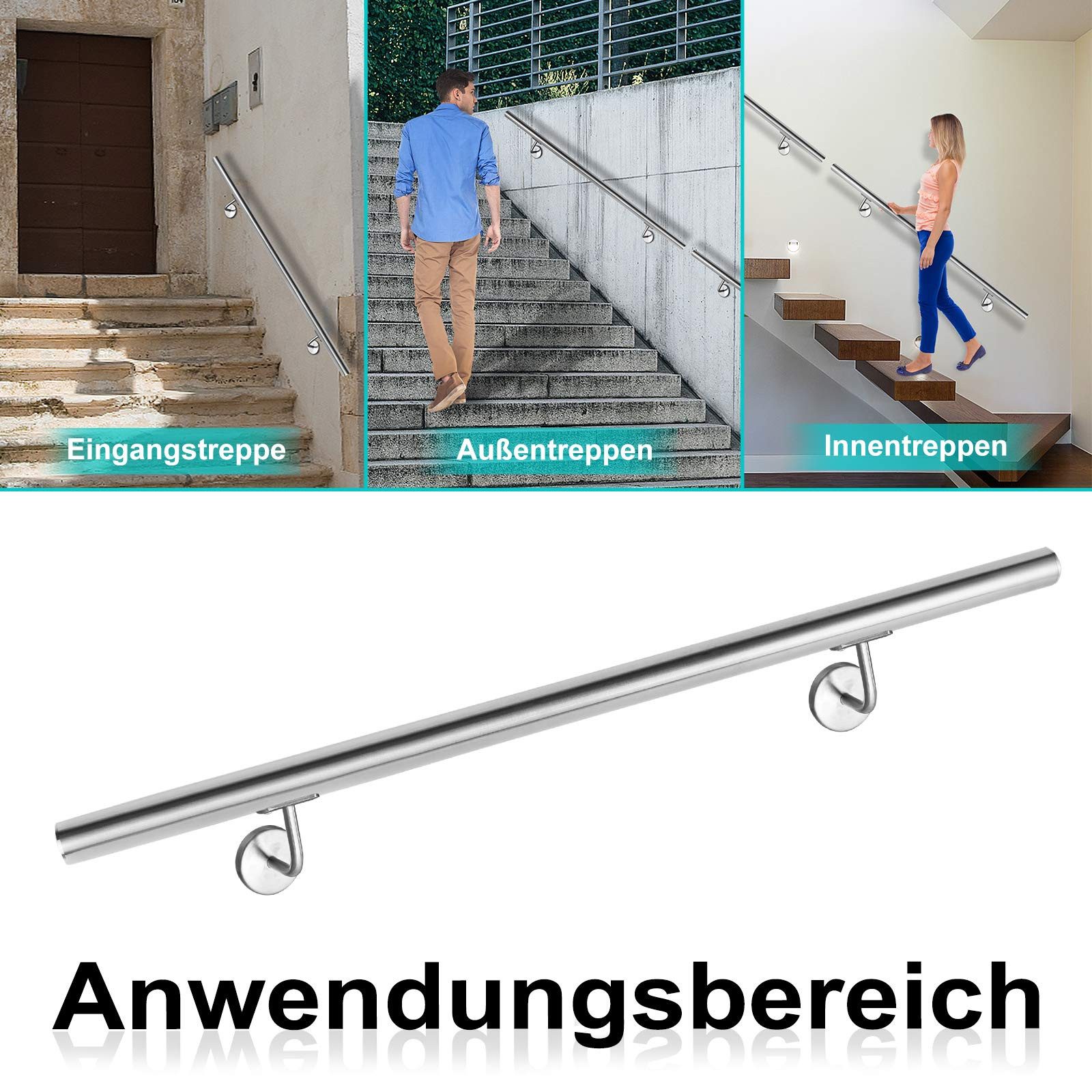 FIVMEN Treppengeländer Wandhandlauf Handlauf Edelstahl mit Wandhaltern Halter, 60 cm Länge, 60/80/100/120/150/160/180/200cm, für Treppen, Balkon, Brüstung