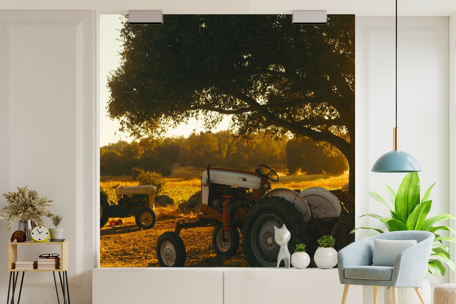 Wohnzimmer Landschaft, Fototapete MuchoWow - Traktor (4 Matt, Fototapete St), Vliestapete - Baum bedruckt, Sonne Schlafzimmer - Küche, für