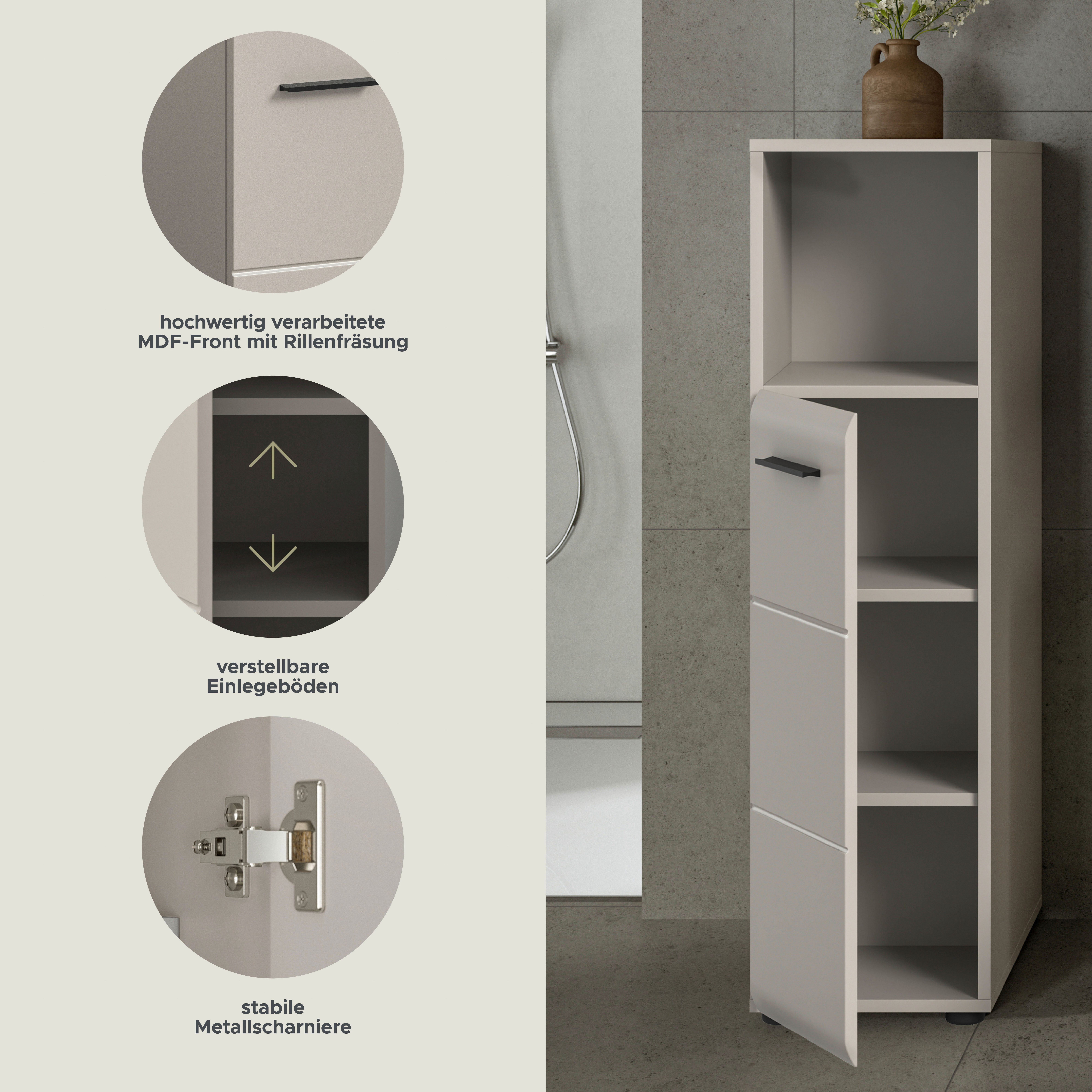 welltime Midischrank FLORENZ, Höhe 110 cm, 1 Tür, 2 Fachböden, 1 offenes Fach (1-St., TOPSELLER) Türanschlag wechselbar, hochwertige MDF Front, Badschrank, Bad