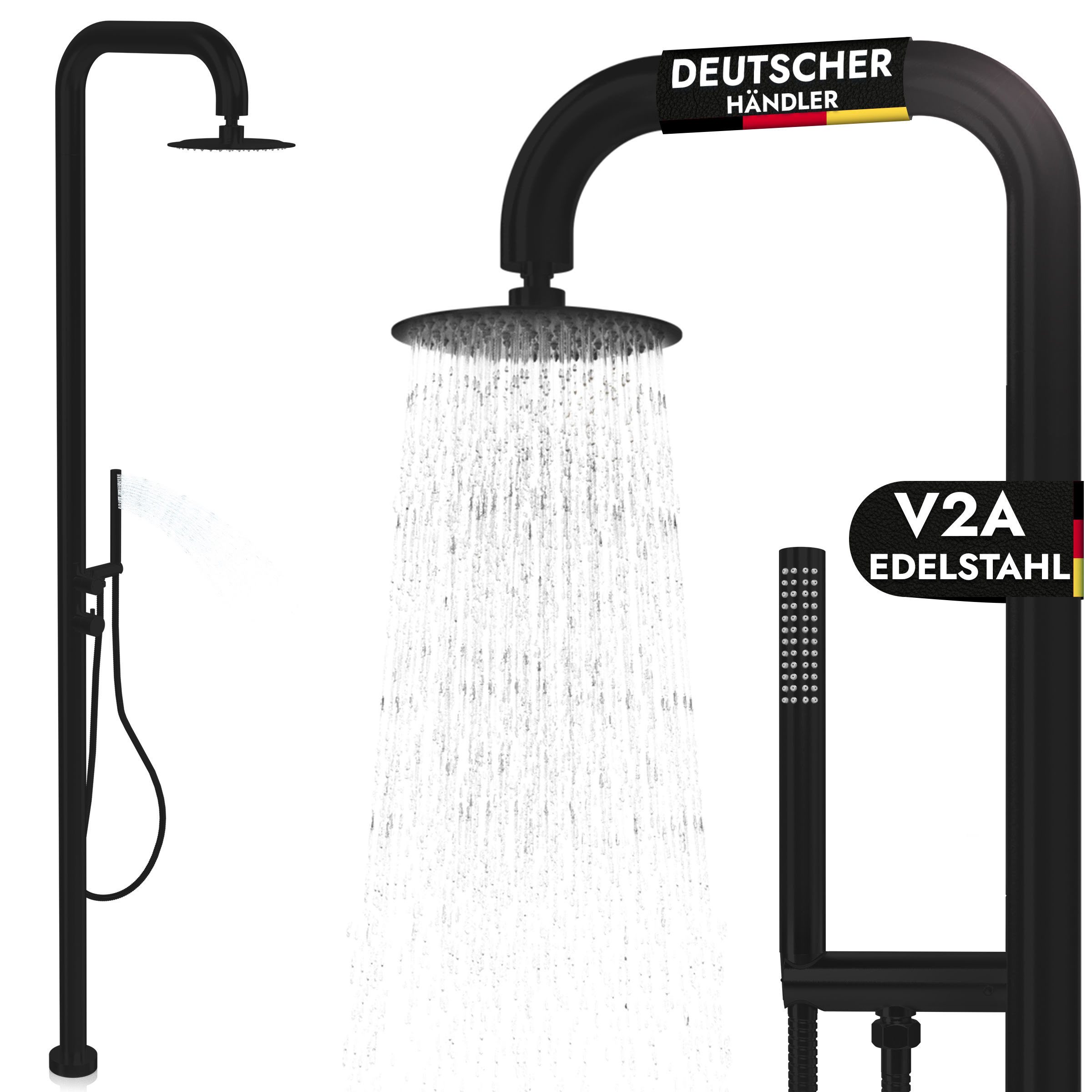 LAWA Living and Lifestyle Gartendusche V2A AISI 304 Edelstahl Pooldusche mit Handbrause Warmwasser Kaltwasser, rostbeständig, witterungsfest, restentleert = winterfest / frostsicher