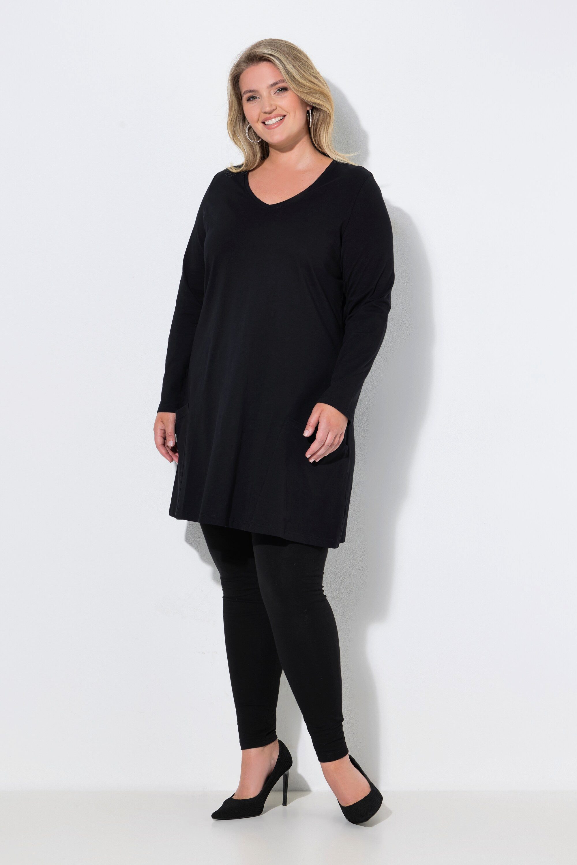Ulla Popken Longshirt Longshirt Taschen A-Linie V-Ausschnitt Langarm