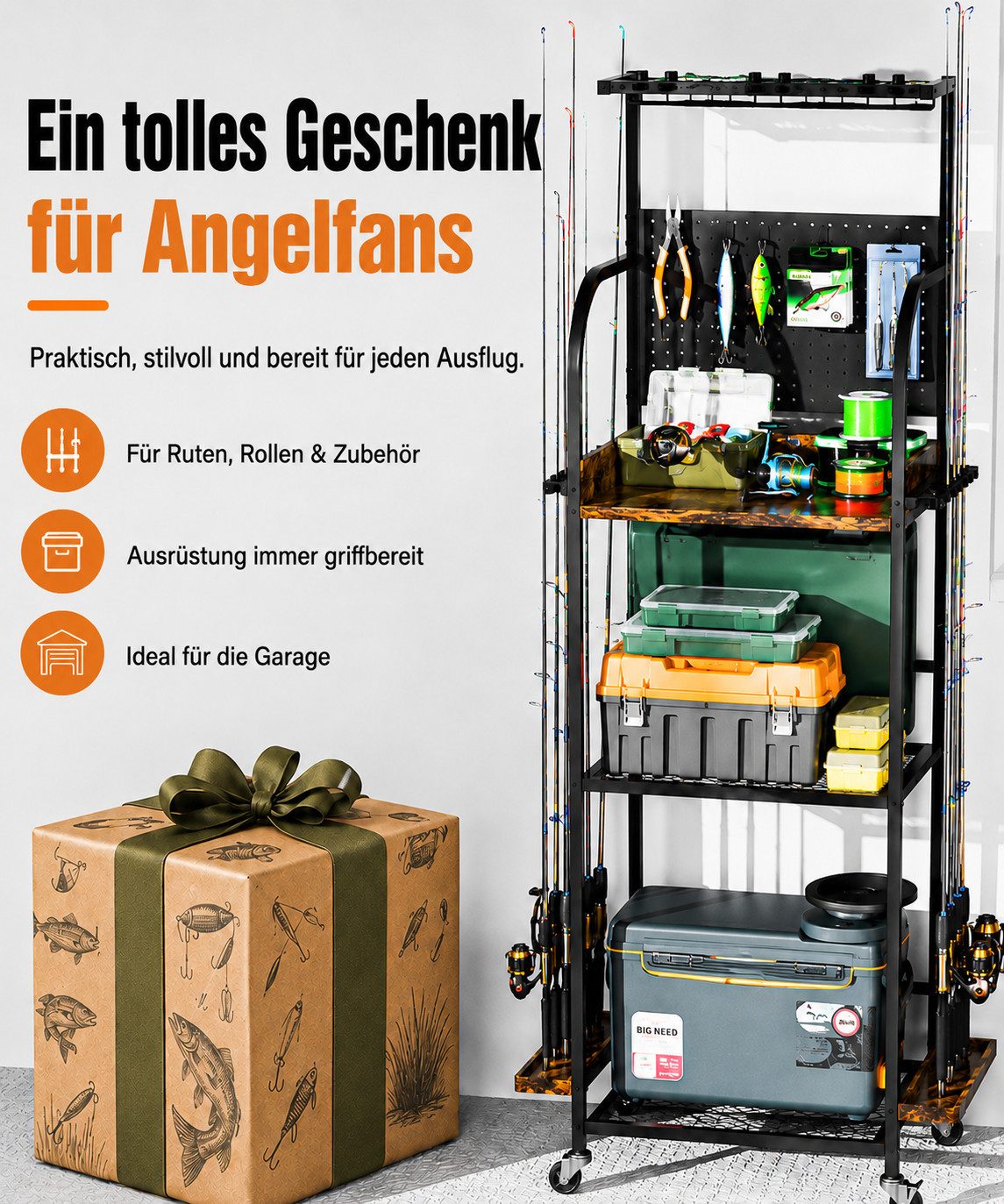 Yorbay Rutenhalter Angelrutenständer mit Rollenhalter Haken Ablagen Metall Mobil, (Platz für bis zu 12 Angelruten, 3 drehbare Rollenhalter, Leicht beweglich, Platzsparendes Design)