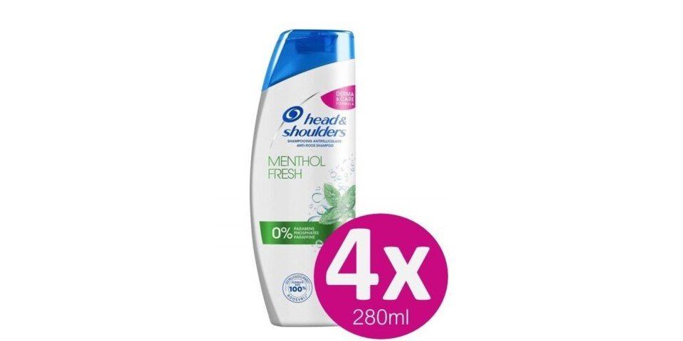 Head and Shoulders Haarshampoo Menthol Fresh 2 in 1 Anti-Schuppen Shampoo Set 4x360ml Haarpflege, Krauses Haar, Lockiges Haar, Normales Haar, Strapaziertes Haar, Trockenes Haar, Welliges Haar, 4-tlg., Feines Haar; Fettiges Haar, Graues Haar, Helles Haar, bekämpft Juckreiz, Anti-Schuppen, entfernt Talg