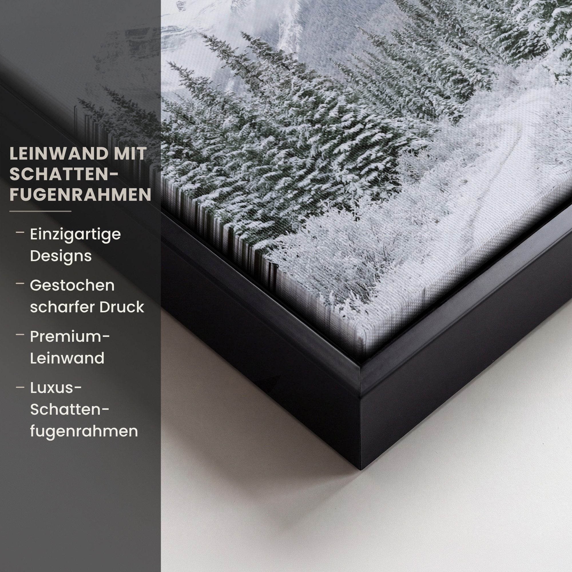 OneMillionCanvasses® Leinwandbild mit Rahmen - Straße - Berge - Schnee - Nadelwald - Abenteuerlich, Fotodruck (1 St), Leinwand Bilder Klein, Wand Dekoration Aesthetic 20x20cm