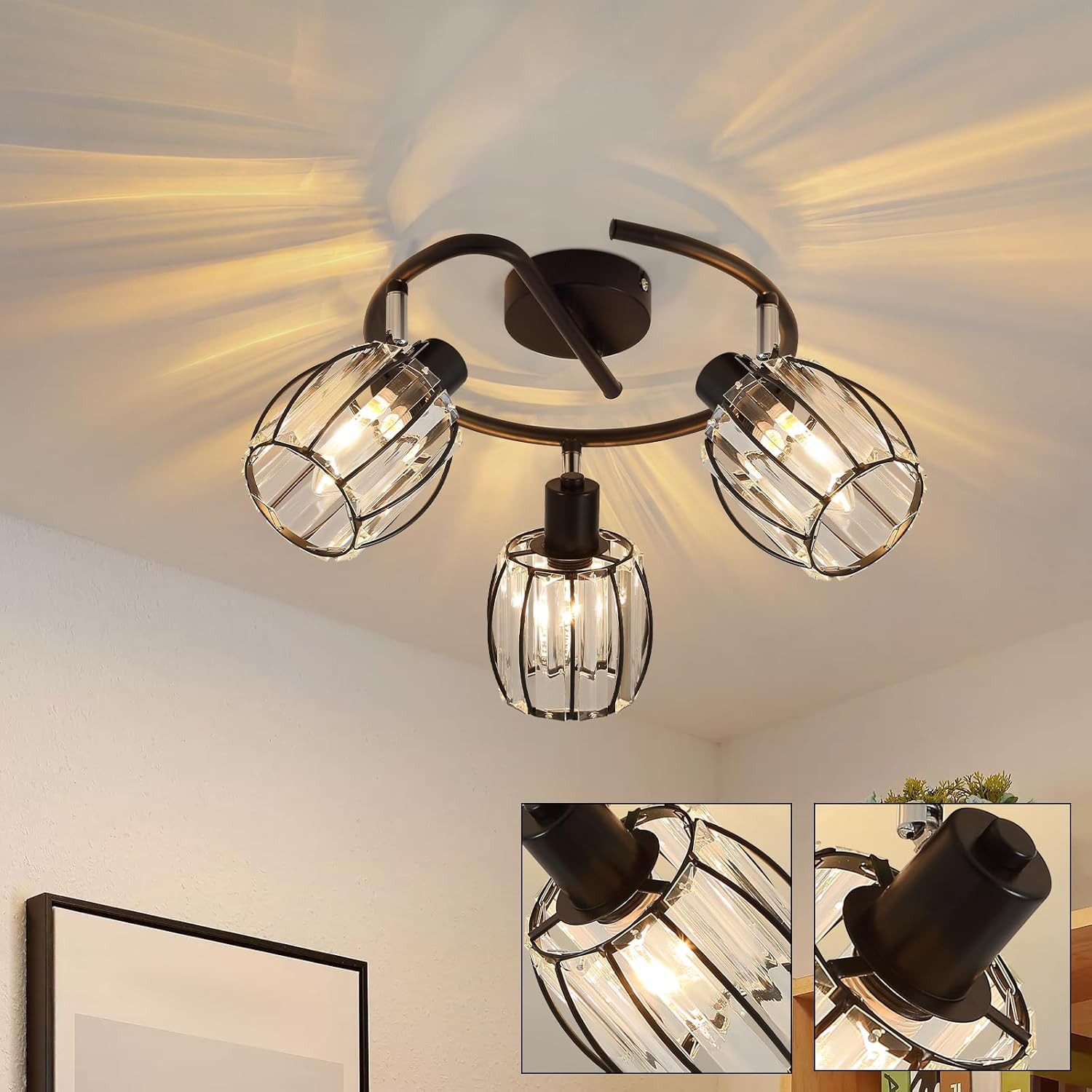 Nettlife Deckenstrahler Kristall Vintage Industrial Deckenspot Schwarz E14 350° schwenkbar, LED wechselbar, Retro Strahler Industrial Flurlampe für Flur Hotel
