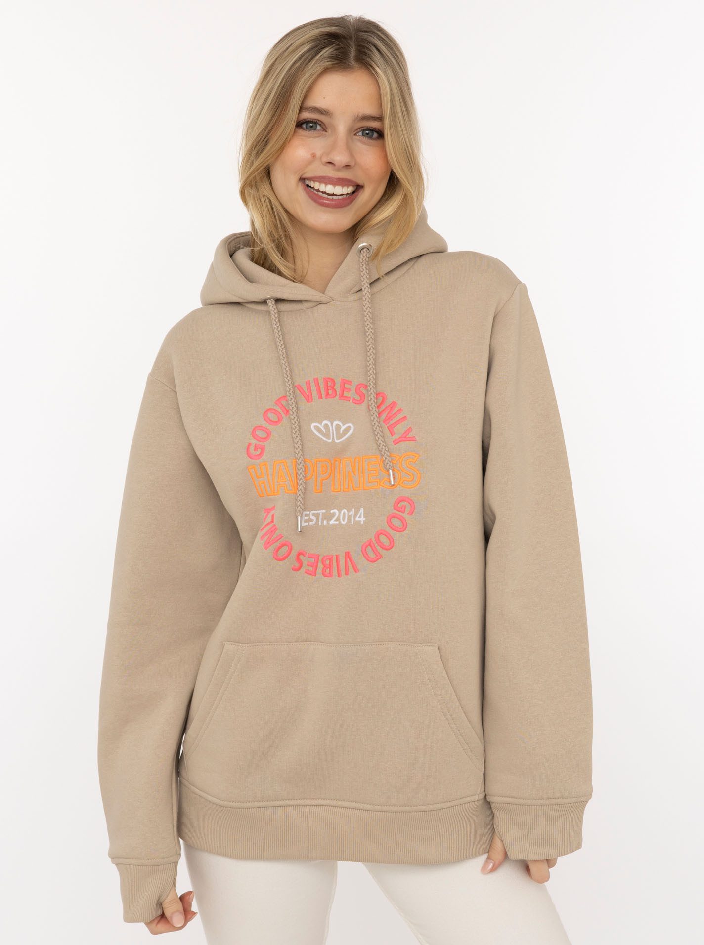 Zwillingsherz Hoodie "Good Vibes" gestickter Schriftzug, Kapuze, Langarm, Kängurutasche, Kordelzug
