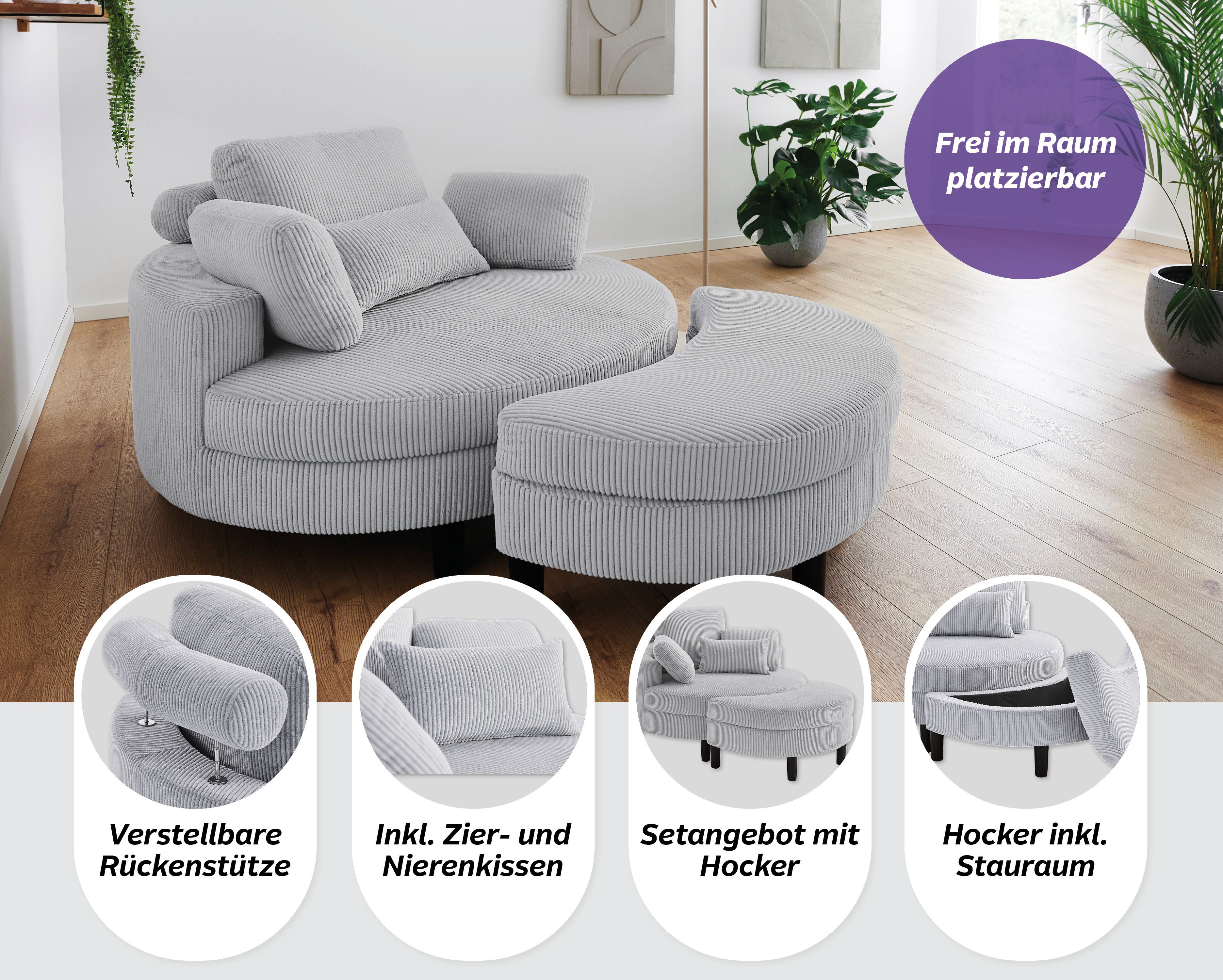 ATLANTIC home collection Loveseat Ravi Sessel, B: 114 cm, Sitzhöhe: 42 cm, XXL- Sessel, mit Stauraumhocker, Rückenstütze & 4 Zierkissen