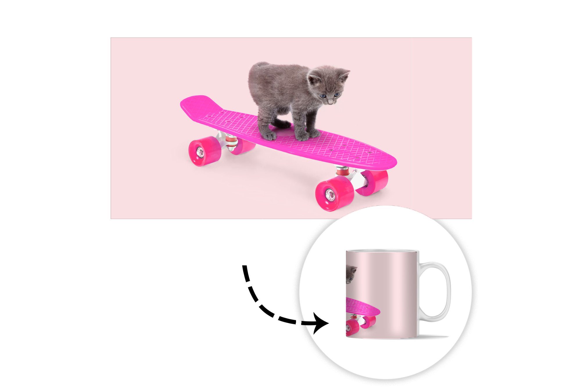 Teetasse, Tasse Becher, Rosa, Geschenk - Skateboard Katze - Keramik, MuchoWow Kaffeetassen, Teetasse, Tiere - Kätzchen -