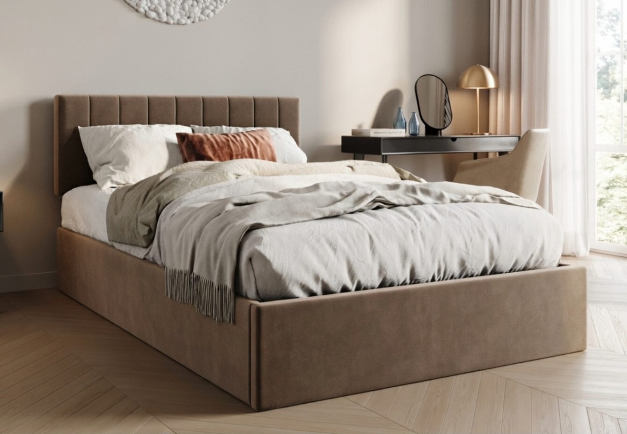 Home Collective Polsterbett mit Stauraum und Lattenrost Doppelbett Gepolstertes Bett (Verfügbare Größen: 140x200 und 160x200 cm), hydraulischer Bettkasten Kopfteil verstellbar samt Bronze-Beige