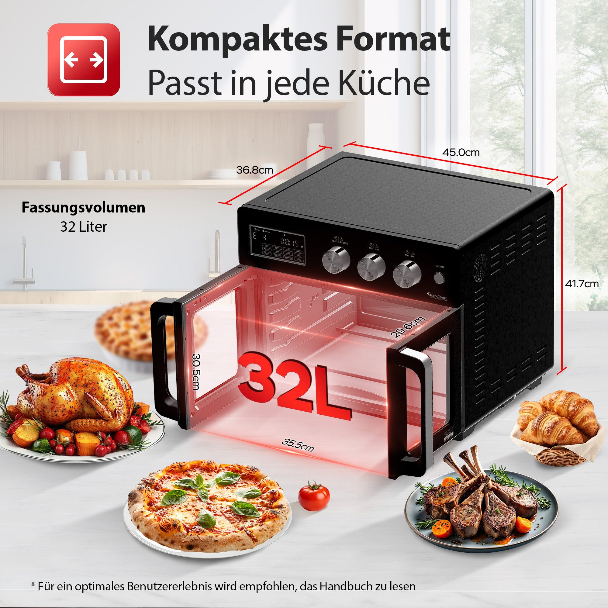 TurboTronic by Z-Line Minibackofen 1700 W, 32 l Mini Backofen mit Airfryer, Umluft, Drehspieß, Pizzaofen, Tischbackofen, kleiner Backofen, Heißluftfritteuse, Toaster, Dörrer