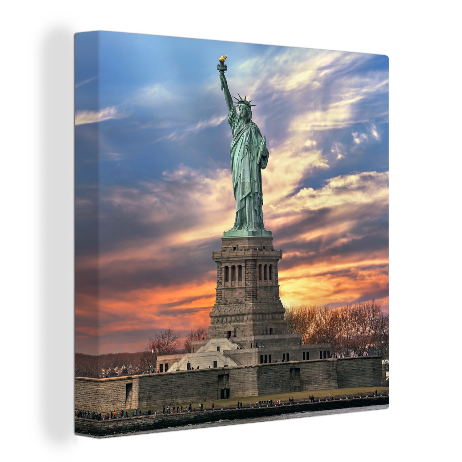 OneMillionCanvasses® Leinwandbild Freiheitsstatue in New York bei Sonnenuntergang, (1 St), Leinwand Bilder für Wohnzimmer Schlafzimmer