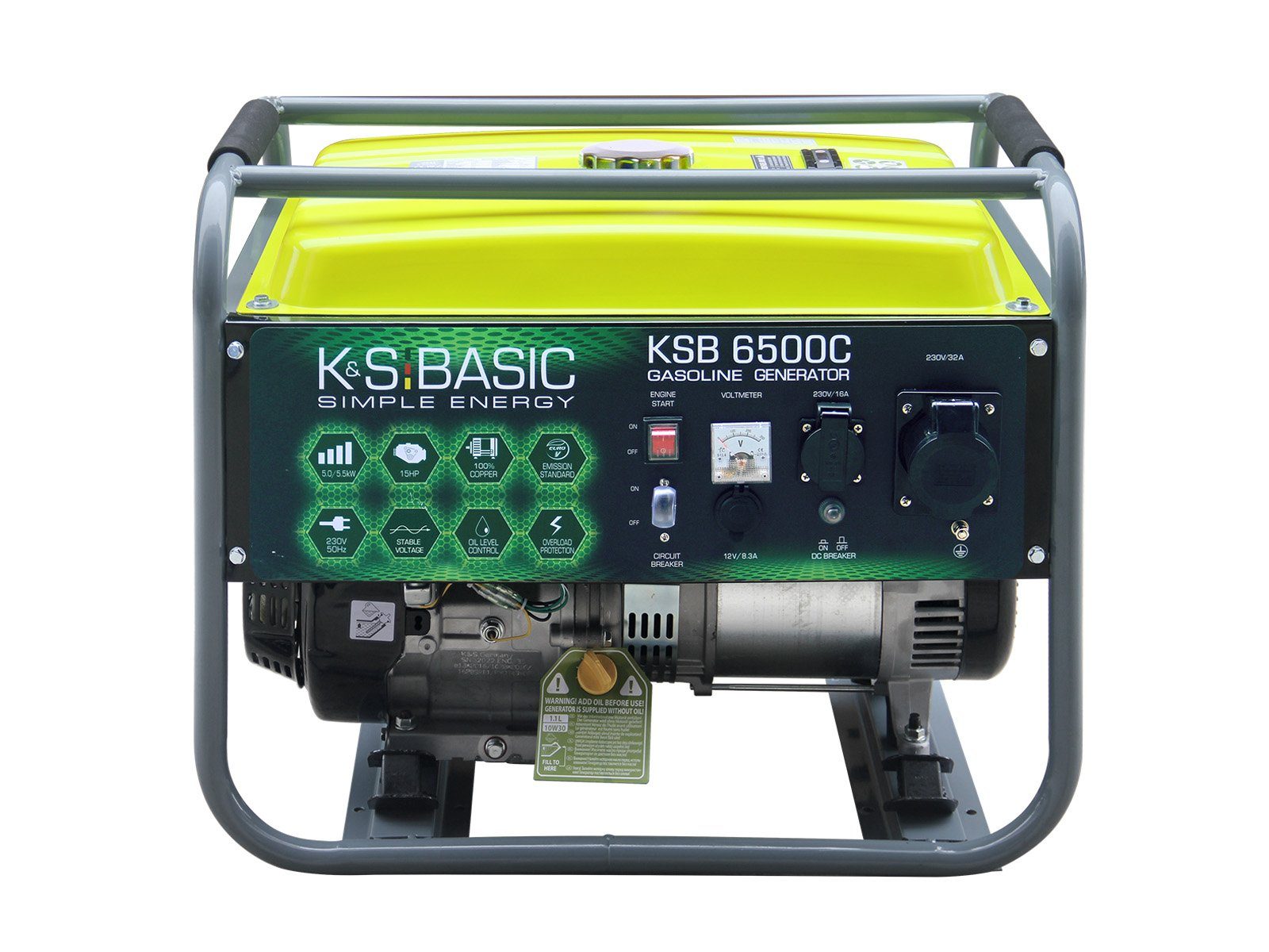 Könner & Söhnen Генераторы KSB 6500C, 5,50 in kW, (Handanlasser, Motorleistung 15 PS, (AVR), 1-tlg., Steckdosen 1x16А, 1x32A (230V), Ausgangsspannung 12V), Kurzschlussschutz, Alternator mit Kupferwicklung.IP23M
