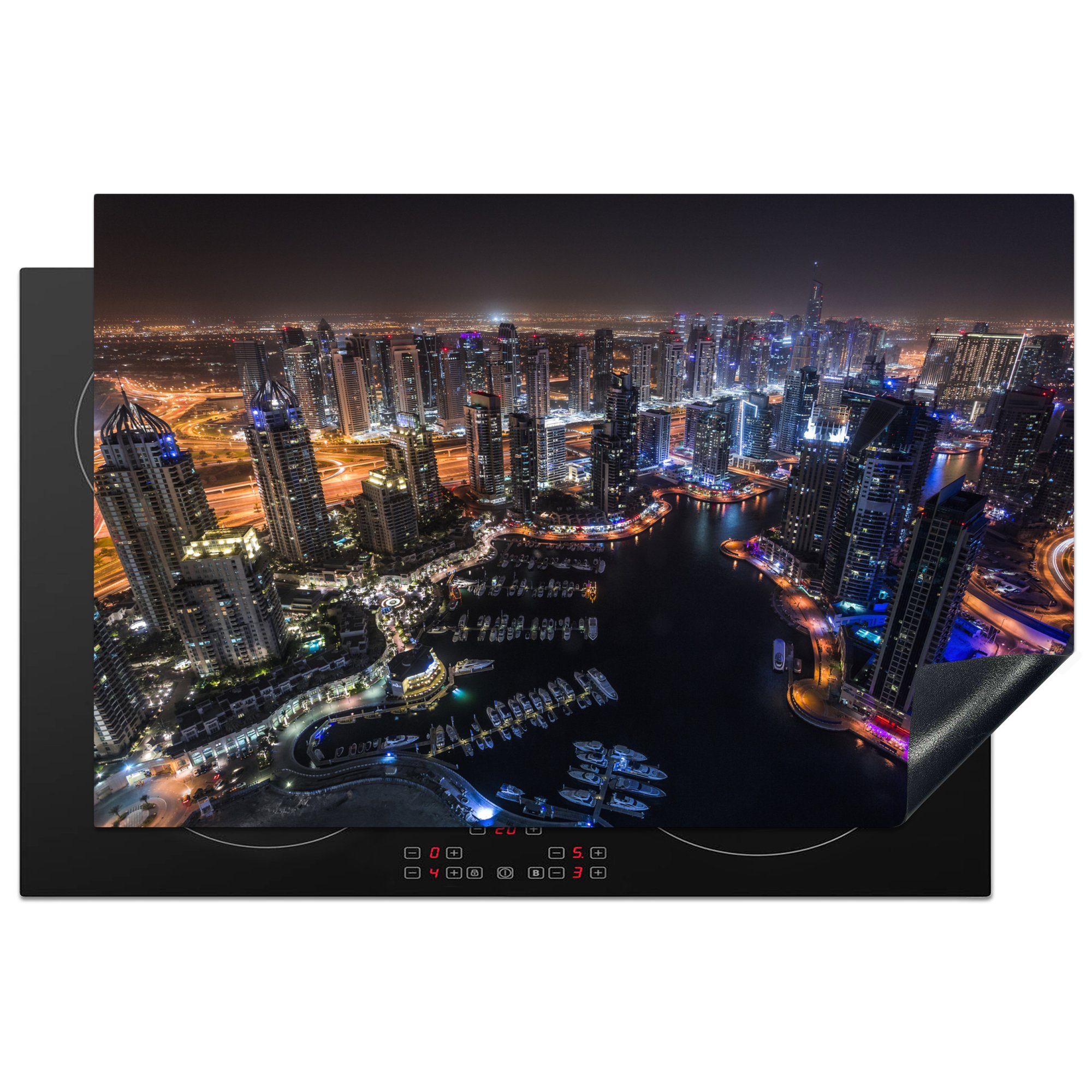 MuchoWow Herdblende-/Abdeckplatte Farbspiel in Dubai Marina, Vinyl, (1 tlg), 81x52 cm, Induktionskochfeld Schutz für die küche, Ceranfeldabdeckung | Herdabdeckplatten