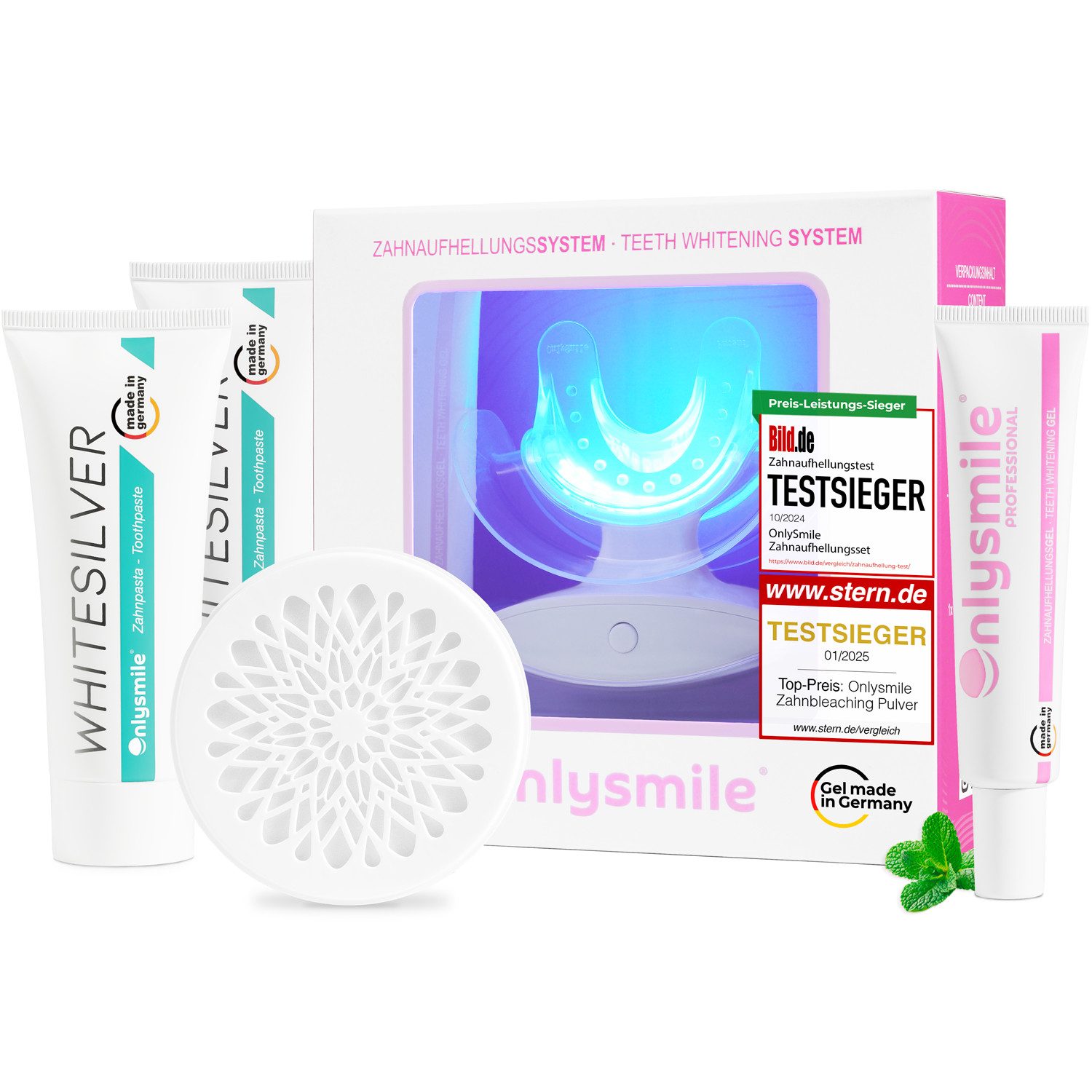 OnlySmile Zahnbleaching-Kit All-in-One Bundle – Zahnaufhellung & Premium-Pflege für dein Lächeln, Enthält 1xZahnbleaching Set + 1xGel + 1xZahnpulver + 2xZahnpasta