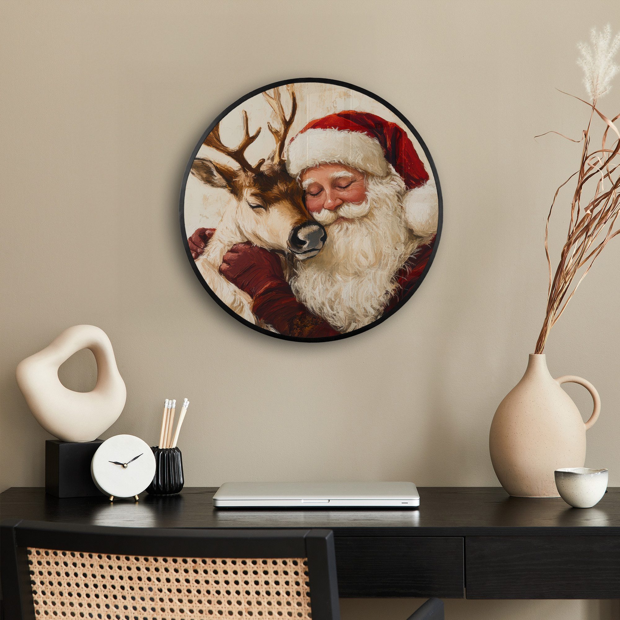 MuchoWow Poster Rund - Weihnachtsmann - Rentier - Weihnachten, (1 St), Runde Wandbilder, Deko für Wohnzimmer und Schlafzimmer, 40x40 cm