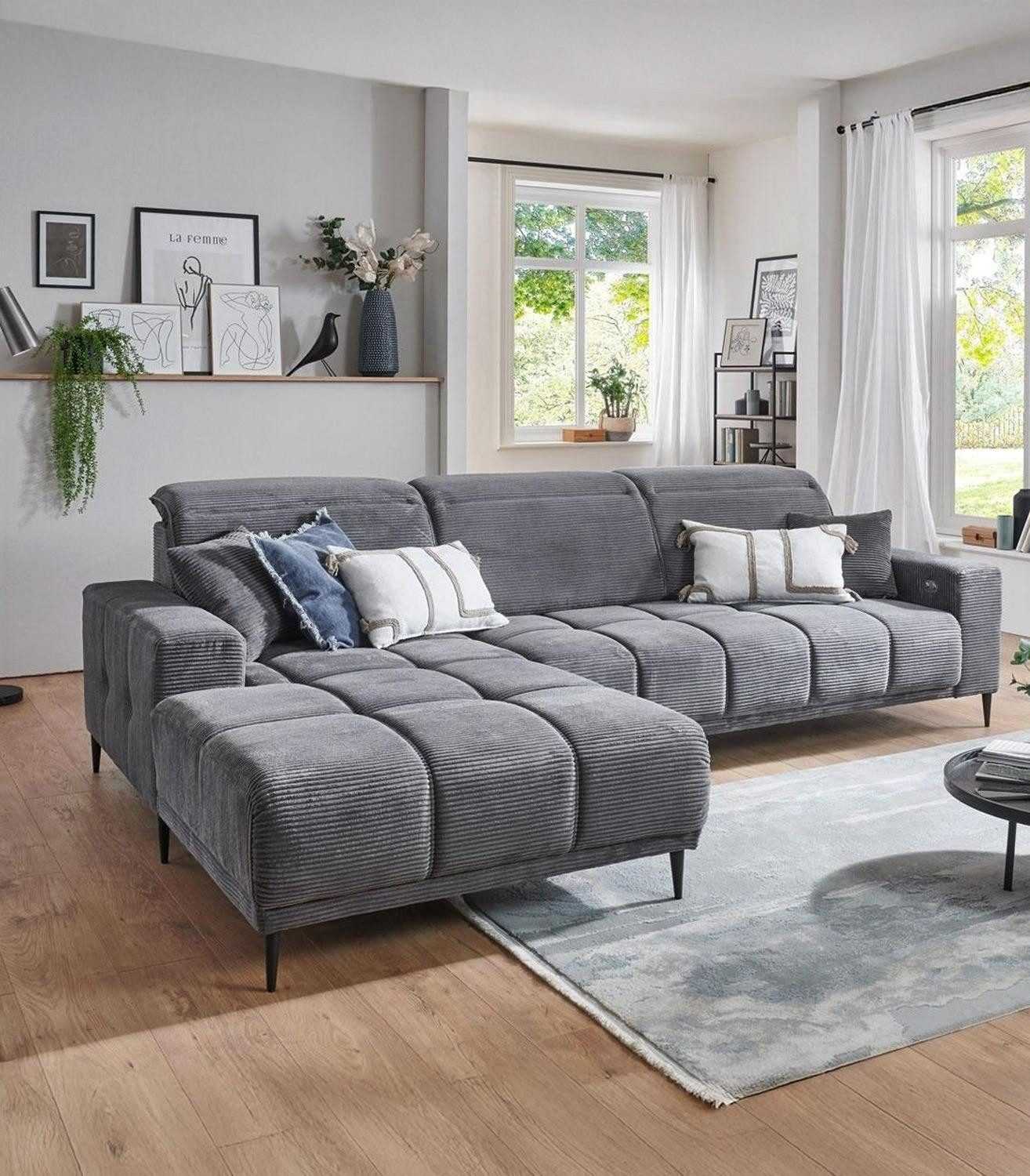 Iwaniccy Ecksofa LIVORNO, B 286 x T 195 cm, Dunkelgrau, Cord, elektrische Sitztiefenverstellung, Kopfteilverstellungen
