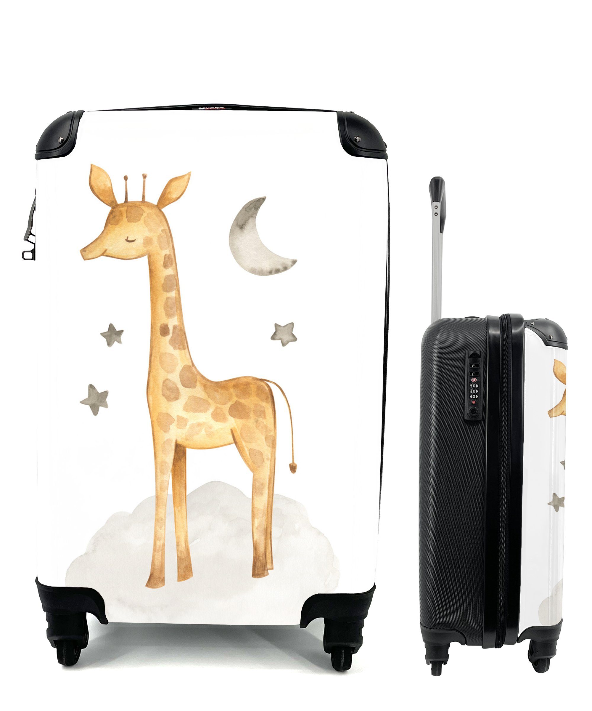 MuchoWow Handgepäckkoffer Giraffe - Mond - Sterne, 4 Rollen, Reisetasche mit rollen, Handgepäck für Ferien, Trolley, Reisekoffer