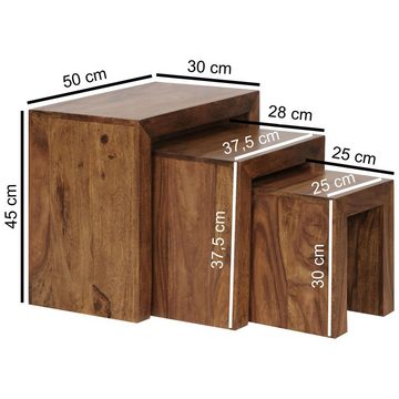möbelando Satztisch 3er Set Satztisch Massiv-Holz Sheesham Wohnzimmer-Tisch Landhaus-Stil (3er Set), 50 x 45 x 30 cm (B/H/L)