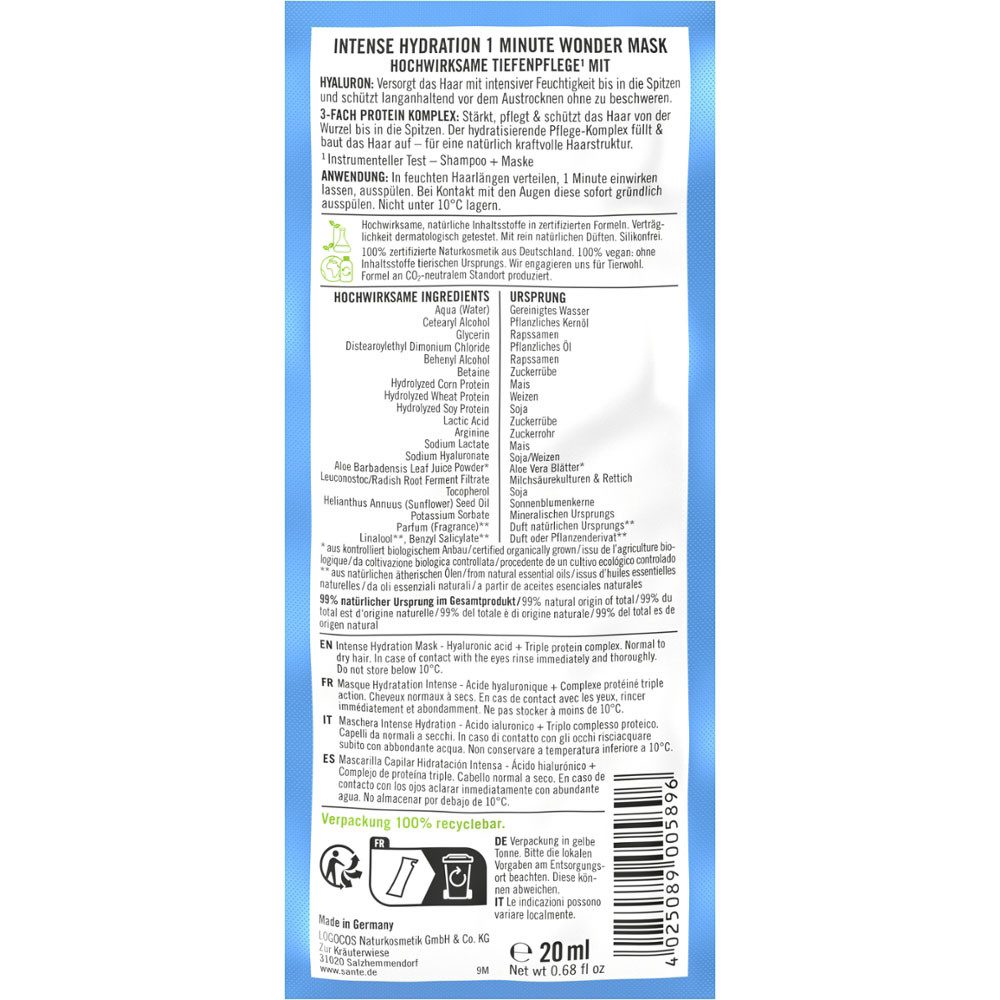 SANTE Gesichtspflege INTENSE HYDRATION MIN WONDER MASK SACHET, 20 ml
