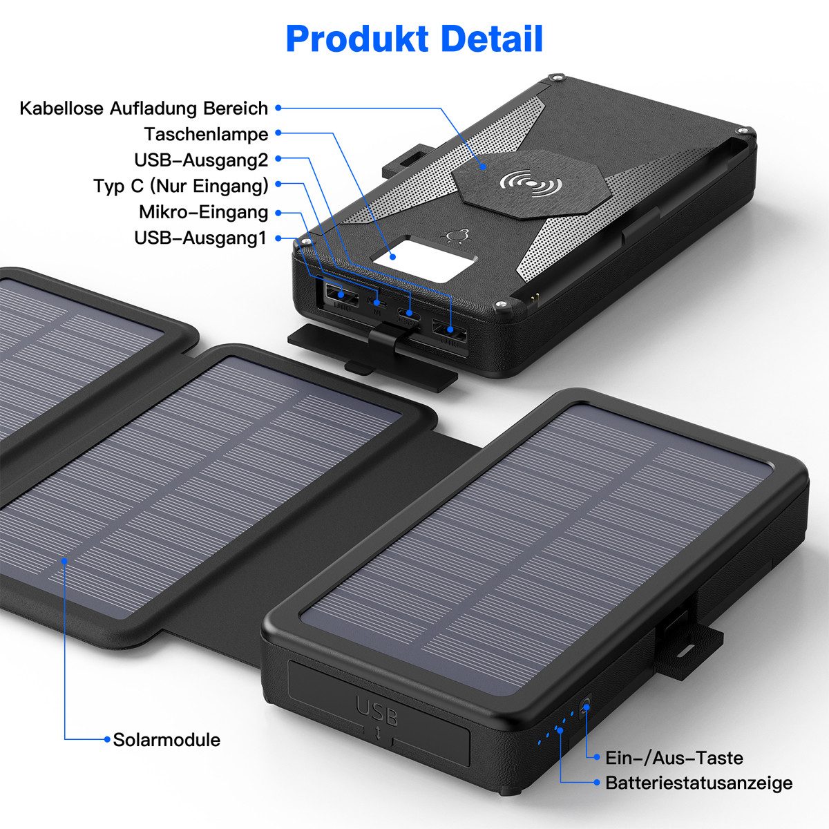 AeroAxis 30000mAh Solar Power Bank with 4 Solar Panels & USB-C – Waterproof Solar Power Bank 30000 mAh (5V), for Outdoor, Camping, Smartphone & Tablet (3 Modes LED Flashlight)