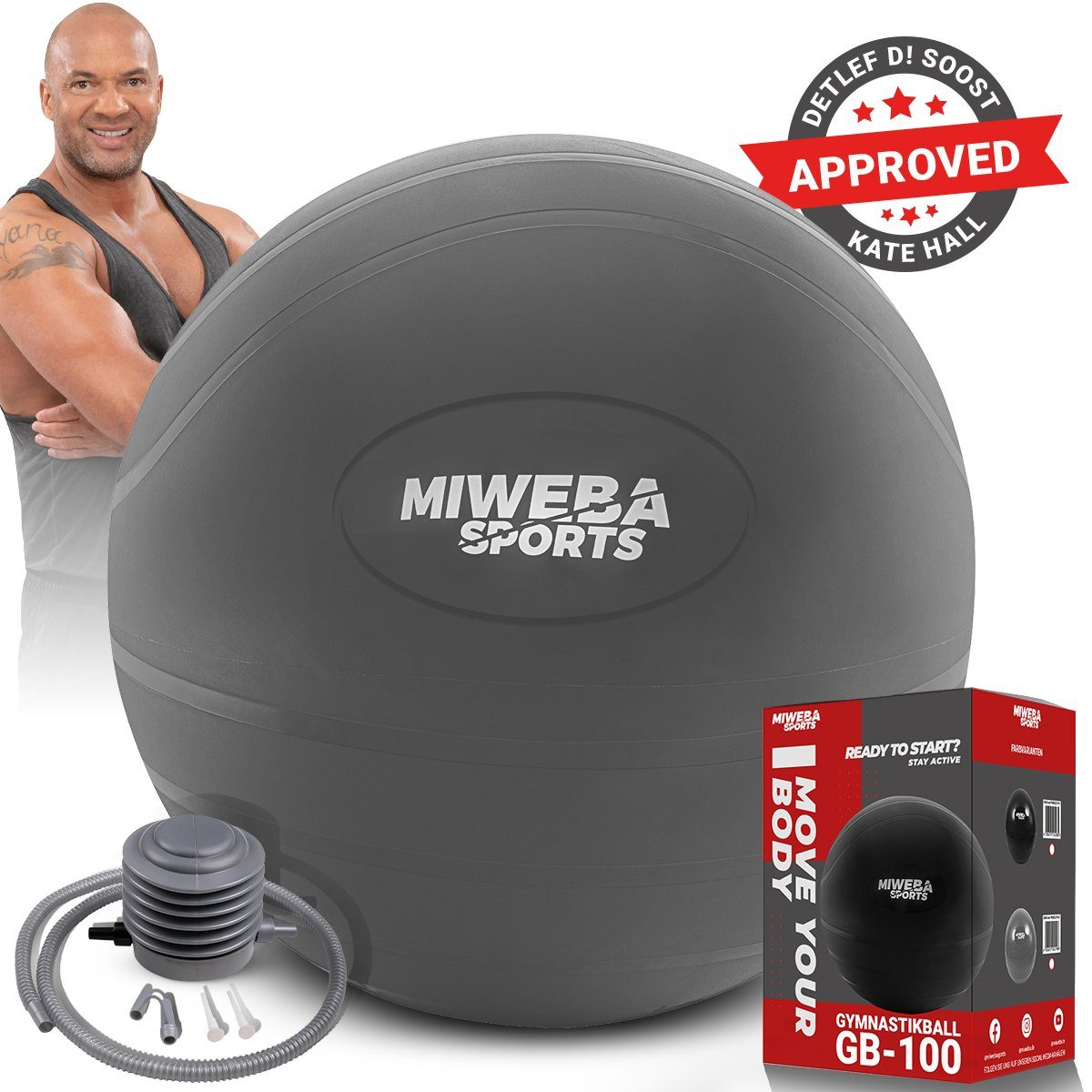 Miweba Sports Gymnastikball Sitzball GB100 inkl. Luftpumpe 65 cm Sitzhöhe (wasserabweisend, grau / schwarz, 400 kg max. Benutzergewicht, Trainingsball für Zuhause & Büro, Pilates-Ball, Schwangerschaftsball, Massage Ball, Medizinball, Workout, Core-Training, Rückengymnastik, Ø 65, Anti-Burst Technologie, rutschfest, frei von BPA, PVC), Yogaball Yoga Sport Fitness Ball Balance Muskelaufbau