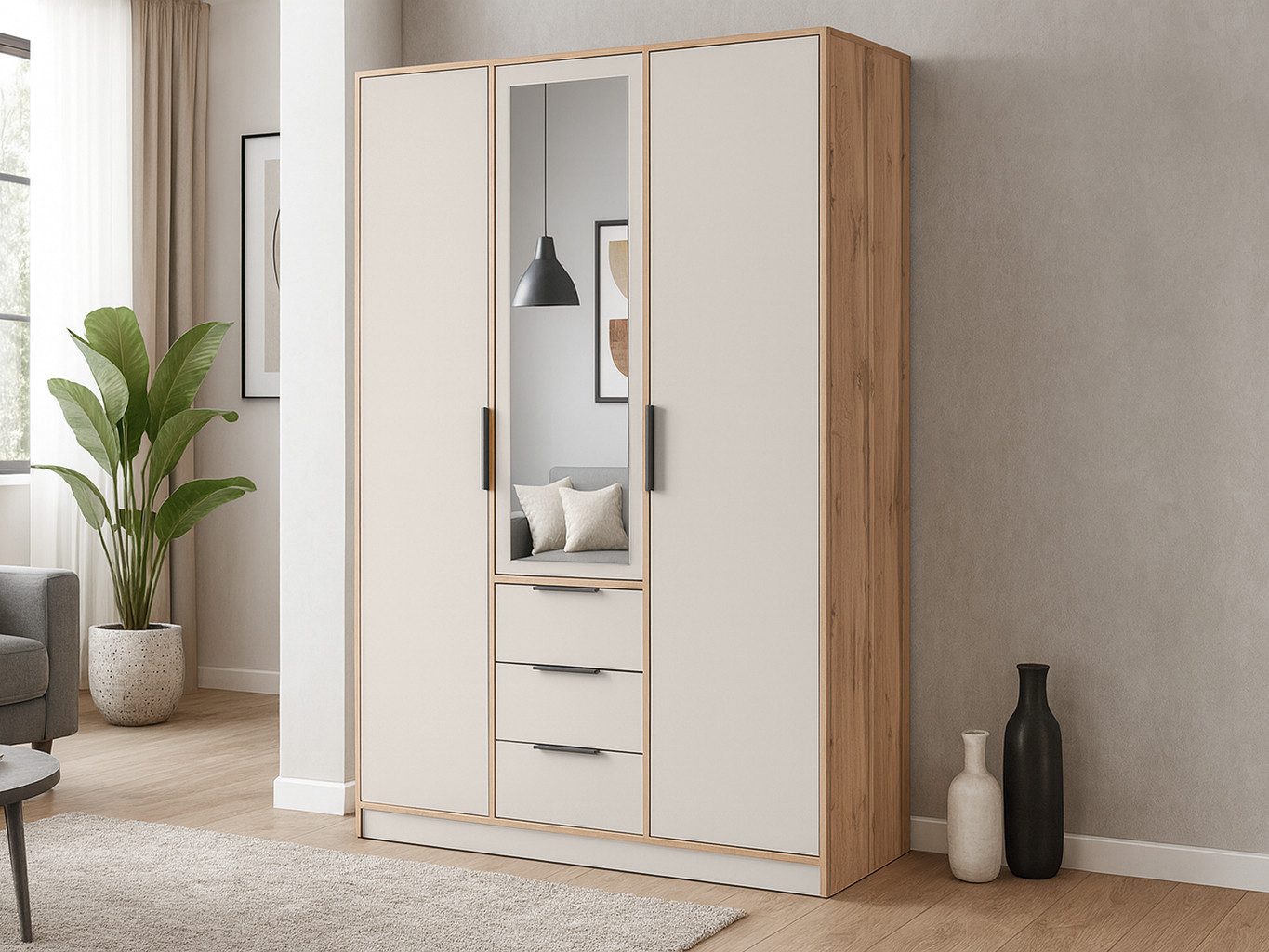 Beautysofa Kleiderschrank LIVO mit Spiegel (Design-Schrank für Schlafzimmer oder Flur, wahlweise mit oder ohne Aufsatz) Breite: 149 cm