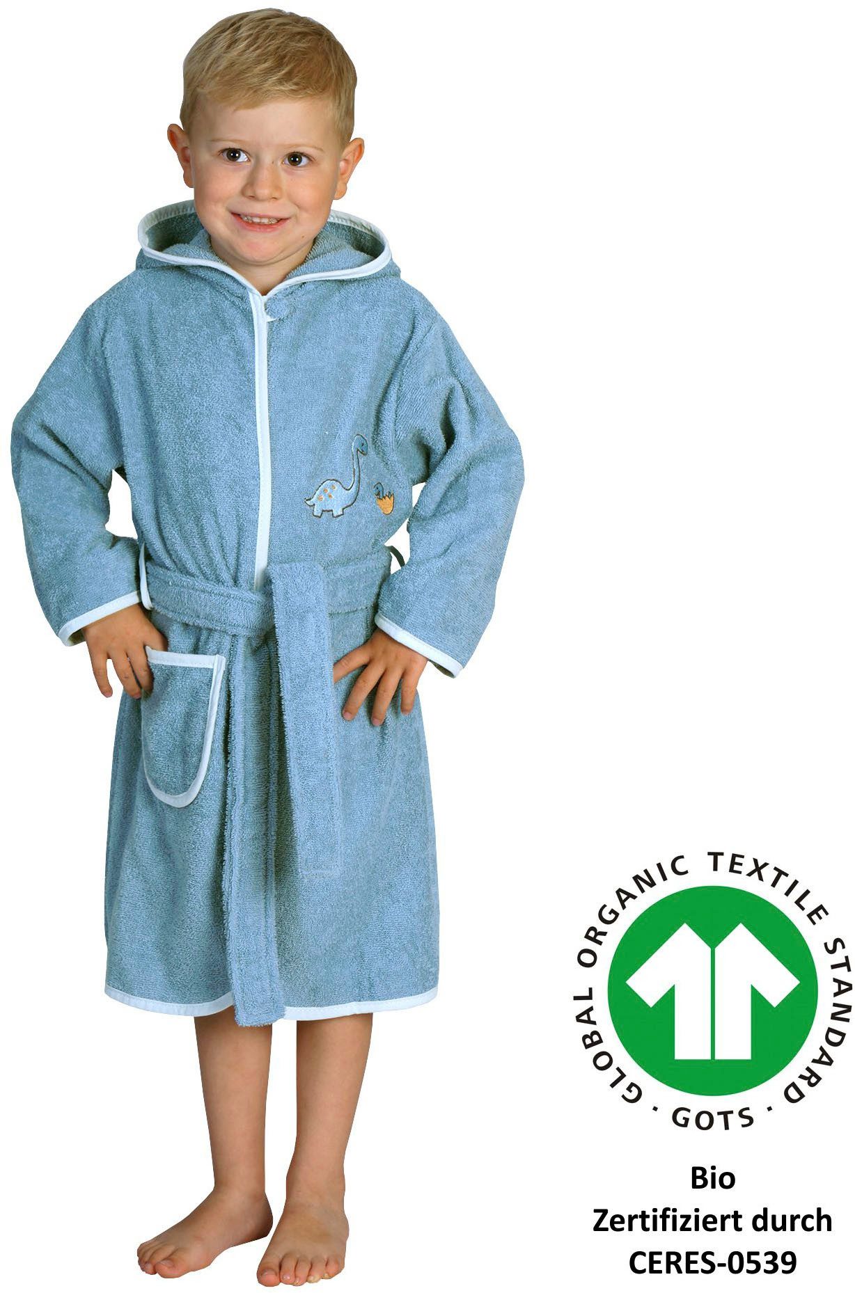 Wörner Kinderbademantel Dinofamilie, Langform, Baumwolle, Kapuze, Biobaumwolle, mit Stickerei, mit Tasche