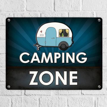speecheese Metallschild Camping Zone Metallschild in blau mit Wohnwagen Motiv Wohnmobil