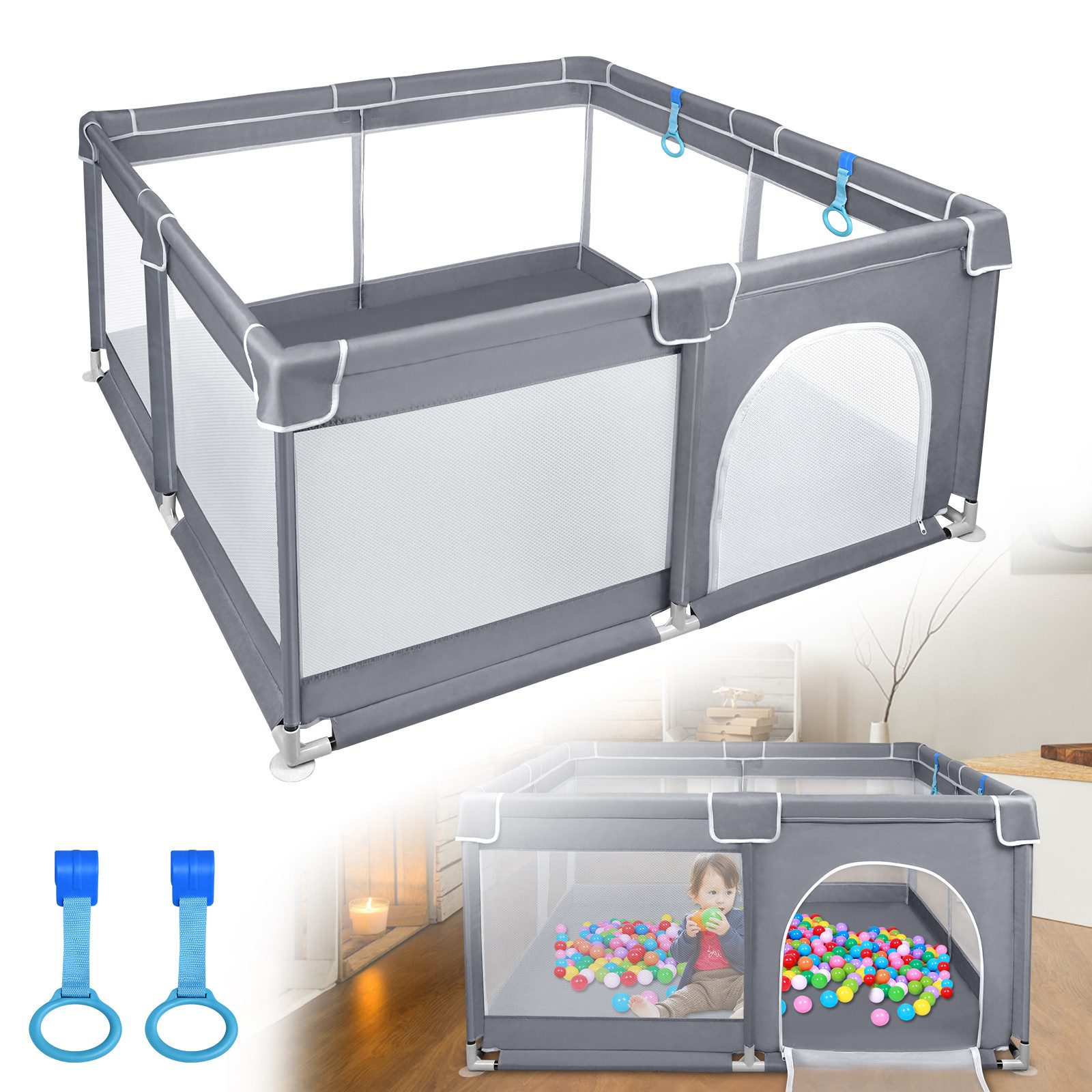 FIVMEN Laufgitter Laufstall Baby Absperrgitter Netz Aktivitätszentrum Dunkelgrau, Tragbarer Kinderzaun Netz Sicherheitsspielplatz für Kinder