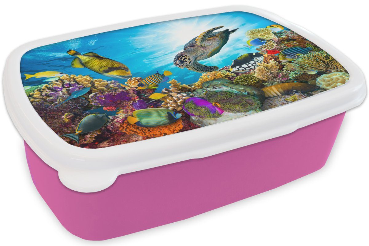 Meer rosa Lunchbox - Schildkröte Snackbox, Brotbox MuchoWow (2-tlg), Koralle, - Brotdose Kinder, für Mädchen, Kunststoff Erwachsene, Kunststoff,