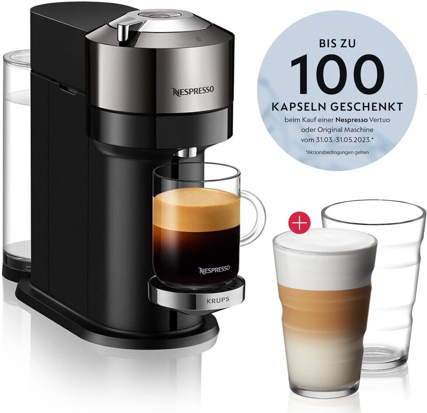 Krups Kapselmaschine Nespresso Vertuo Next Kaffeemaschine,  Kaffeekapselmaschine + View, Latte Macchiato 2 x 350 ml Kurze Aufheizzeit  One-Touch-System
