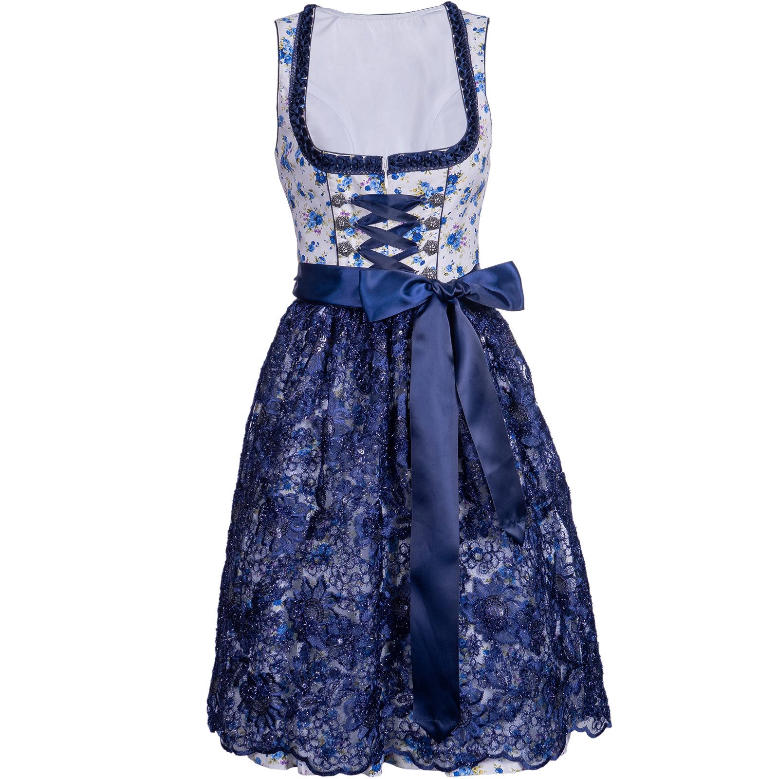 KELLIAR Dirndl Midi Trachtenkleid, ideal für Oktoberfest, Rocklänge 60 cm, Blau Florales Muster, Dekorative Schnürung mehr