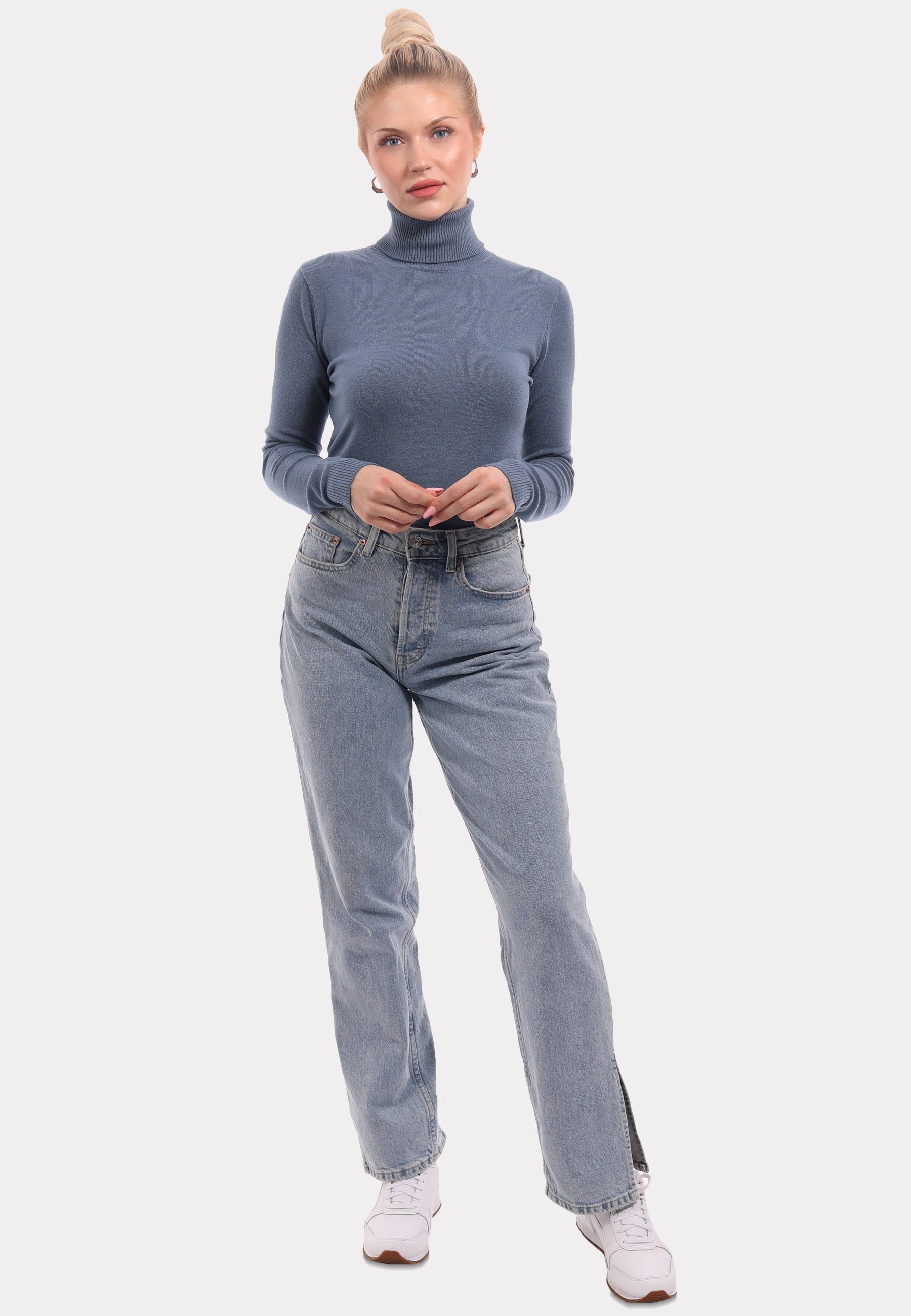 YC Fashion Rollkragenpullover & aus Rollkragenpullover Unifarbe Feinstrick Basic in jeansblau (1-tlg) Style