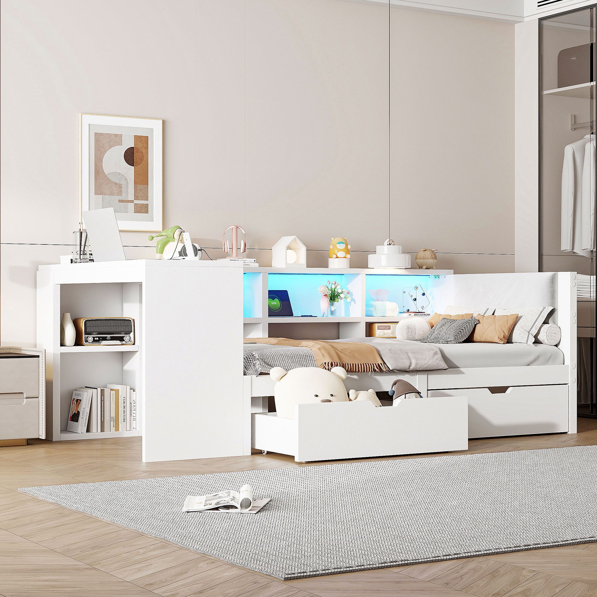 Flieks Holzbett, Kinderbett 90x200cm mit LED, Schubladen, Aufladen und Schr günstig online kaufen