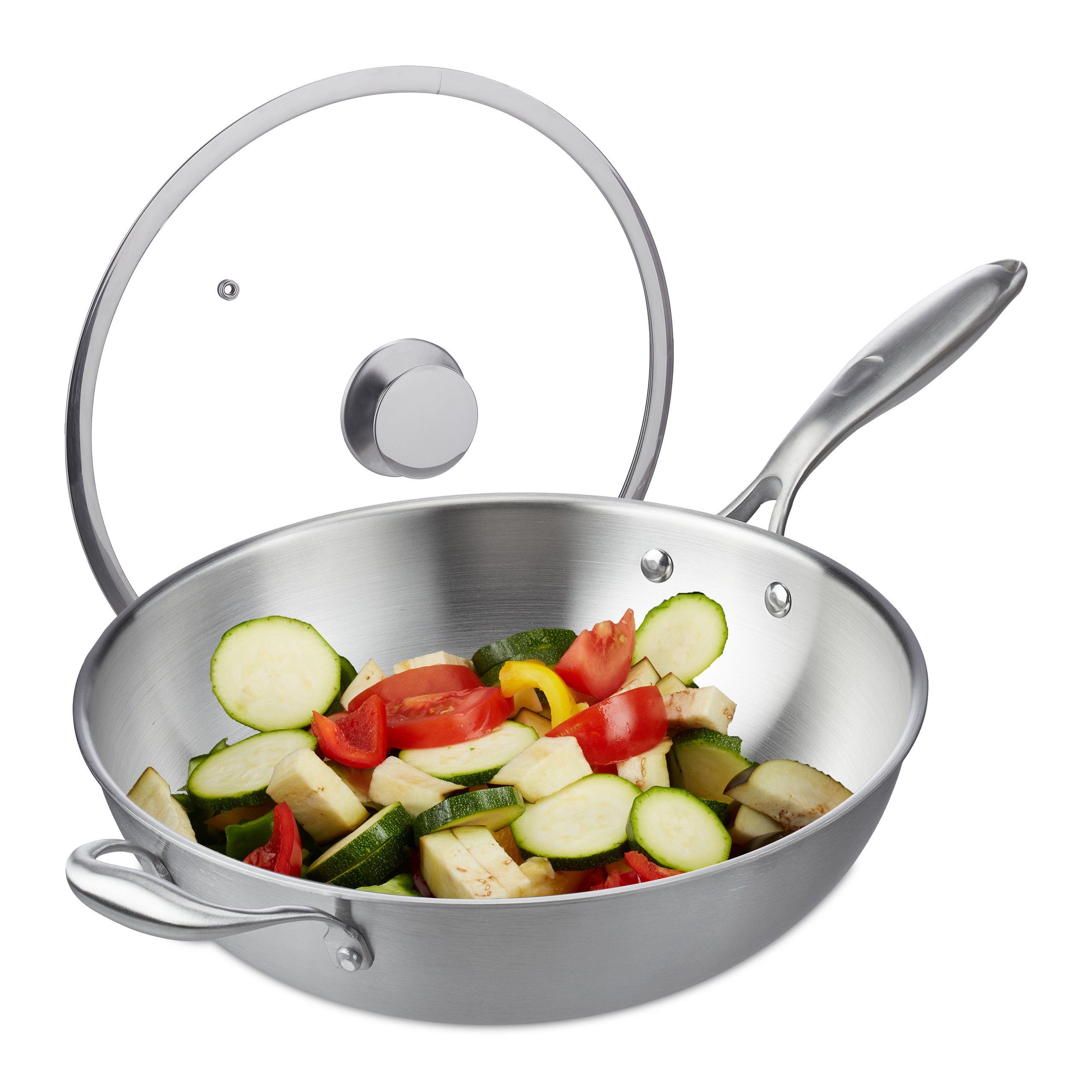 Wok mit relaxdays Glasdeckel Wok Edelstahl