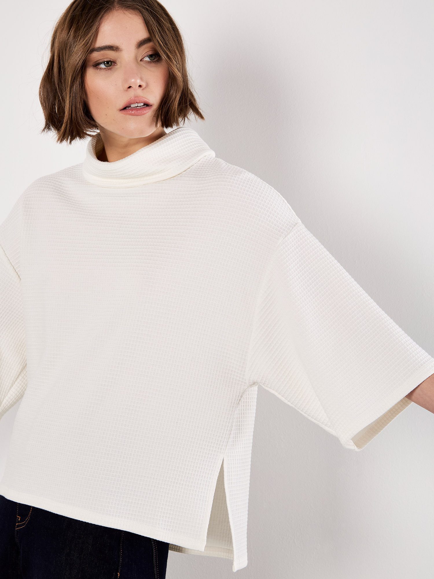 Apricot Rollkragenshirt Waffelstrick-T-Shirt mit Stehkragen