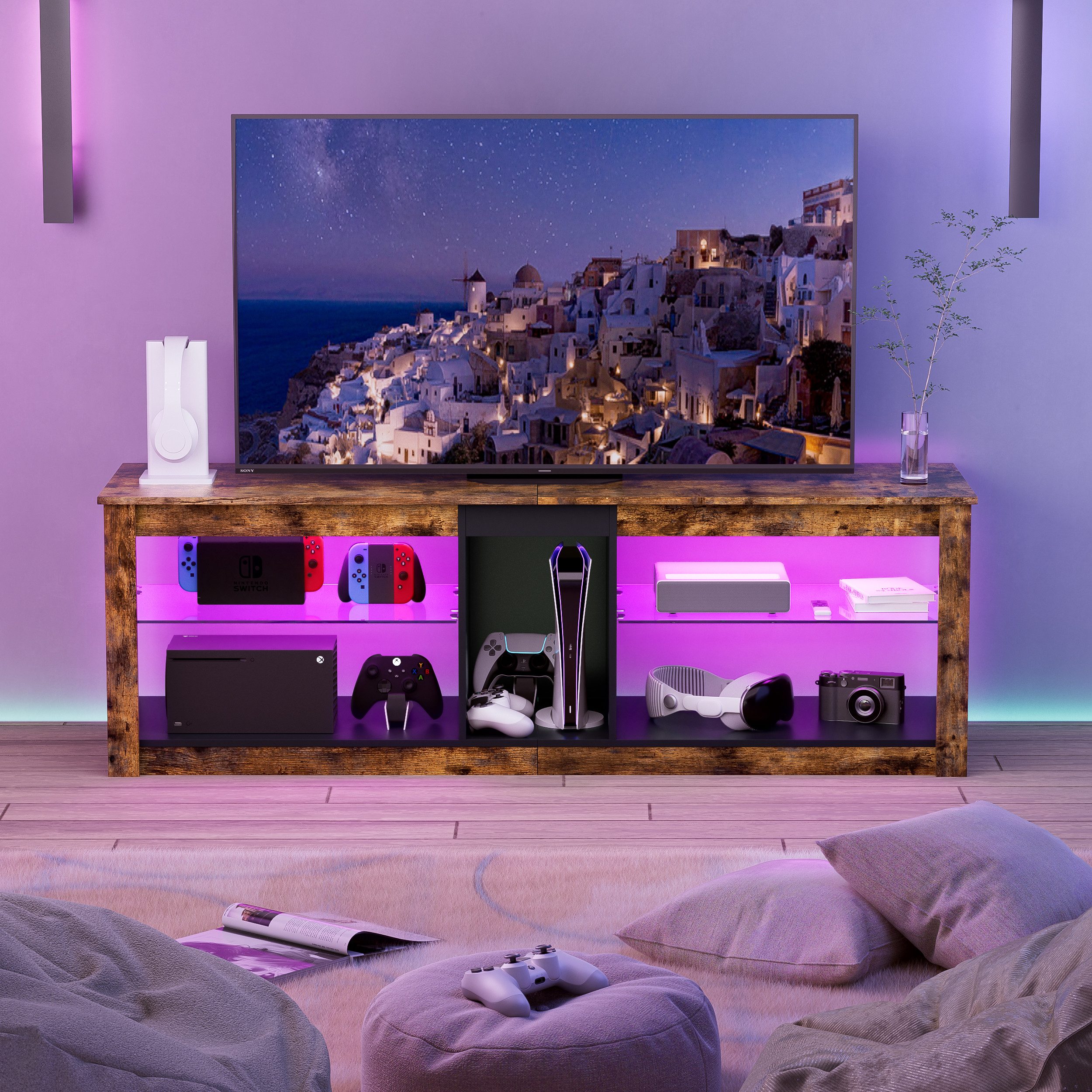 TWSOUL TV-Schrank TV-Schrank mit zwei Stauräumen und RGB-Beleuchtung 140 cm x 40 cm x 46,5 cm, verstellbare Trennwand aus gehärtetem Glas