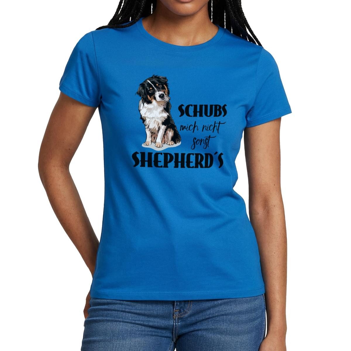 Spreadshirt T-Shirt Australian Shepherd, Schubs Mich Nicht Sonst Shepherds Frauen T-Shirt (1-tlg) Slim Fit, fällt klein aus