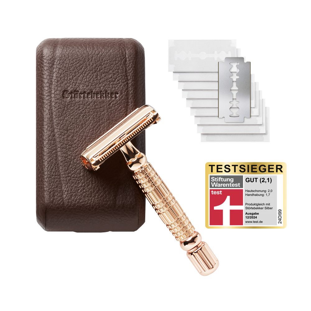 Störtebekker Rasierhobel Herren - Rosé-Gold - im handgefertigten Lederetui inkl. 10 Klingen, perfekt für Einsteiger