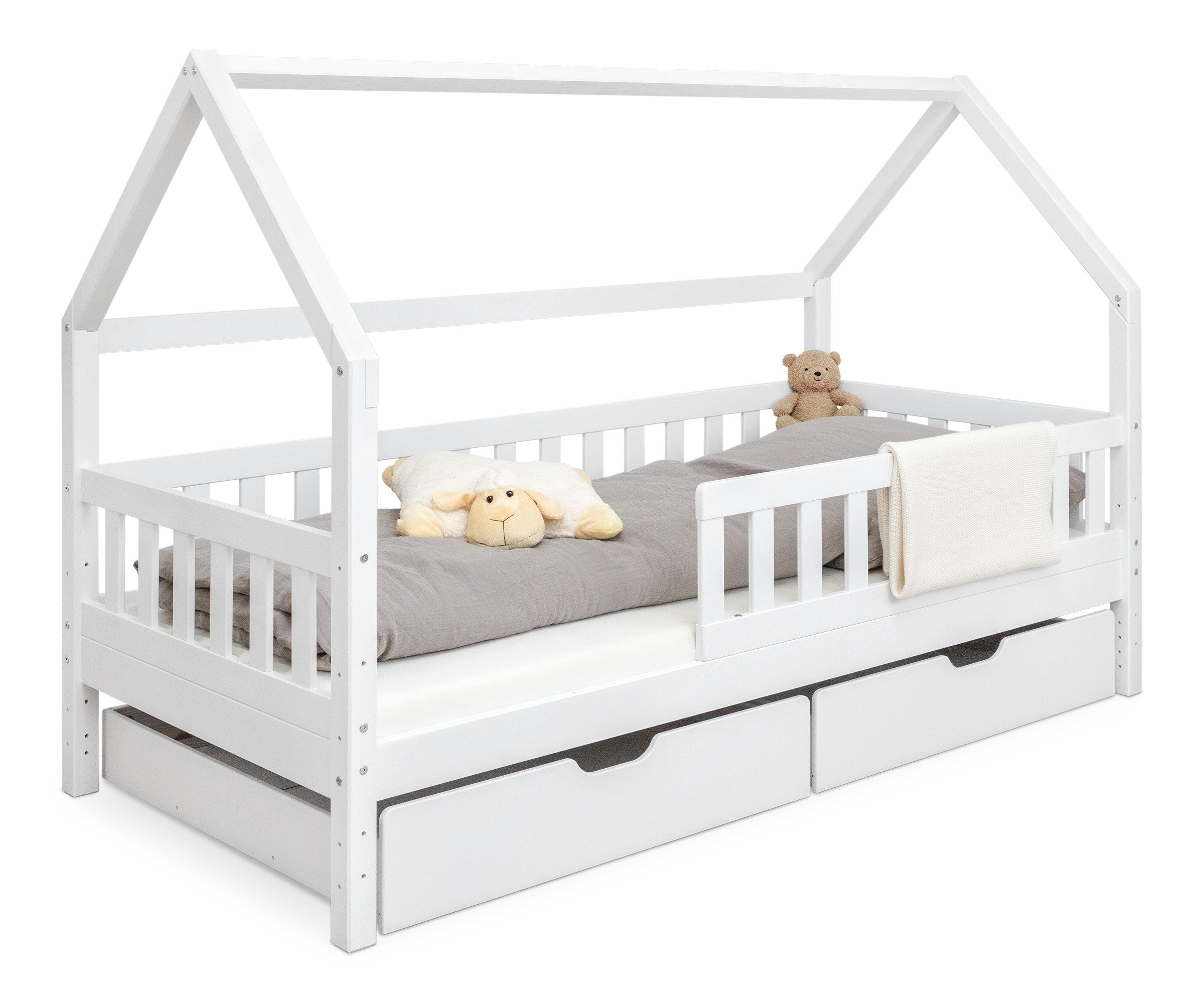 Ehrenkind Hausbett Lille aus massivem Kiefernholz (mit abnehmbarem Rausfallschutz aus massivem Holz, Erhältlich in Natur und Weiß Kinderbett 80x160/90x200 cm), höhenverstellbar, nachhaltiges Kiefernholz, hergestellt in Europa