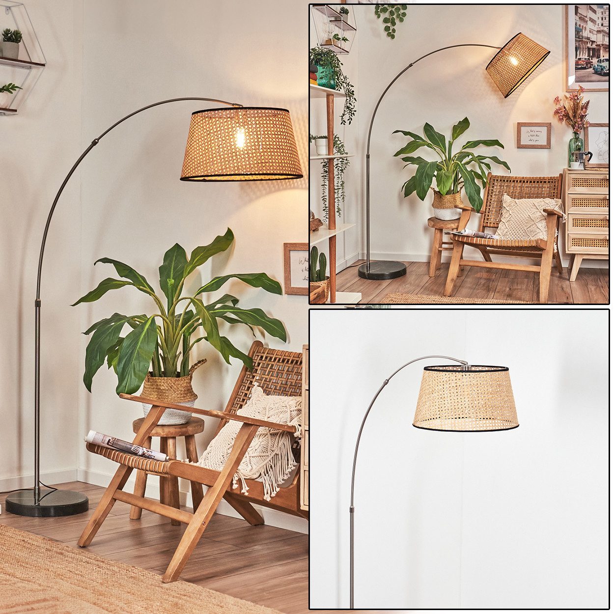 hofstein Bogenlampe Stehlampe Metall/Rattan/Wienergeflecht in Nickel-matt/Schwarz/Natur, Stehleuchte im Boho-Design mit Marmorfuß u. Fußschalter (45 cm), E27