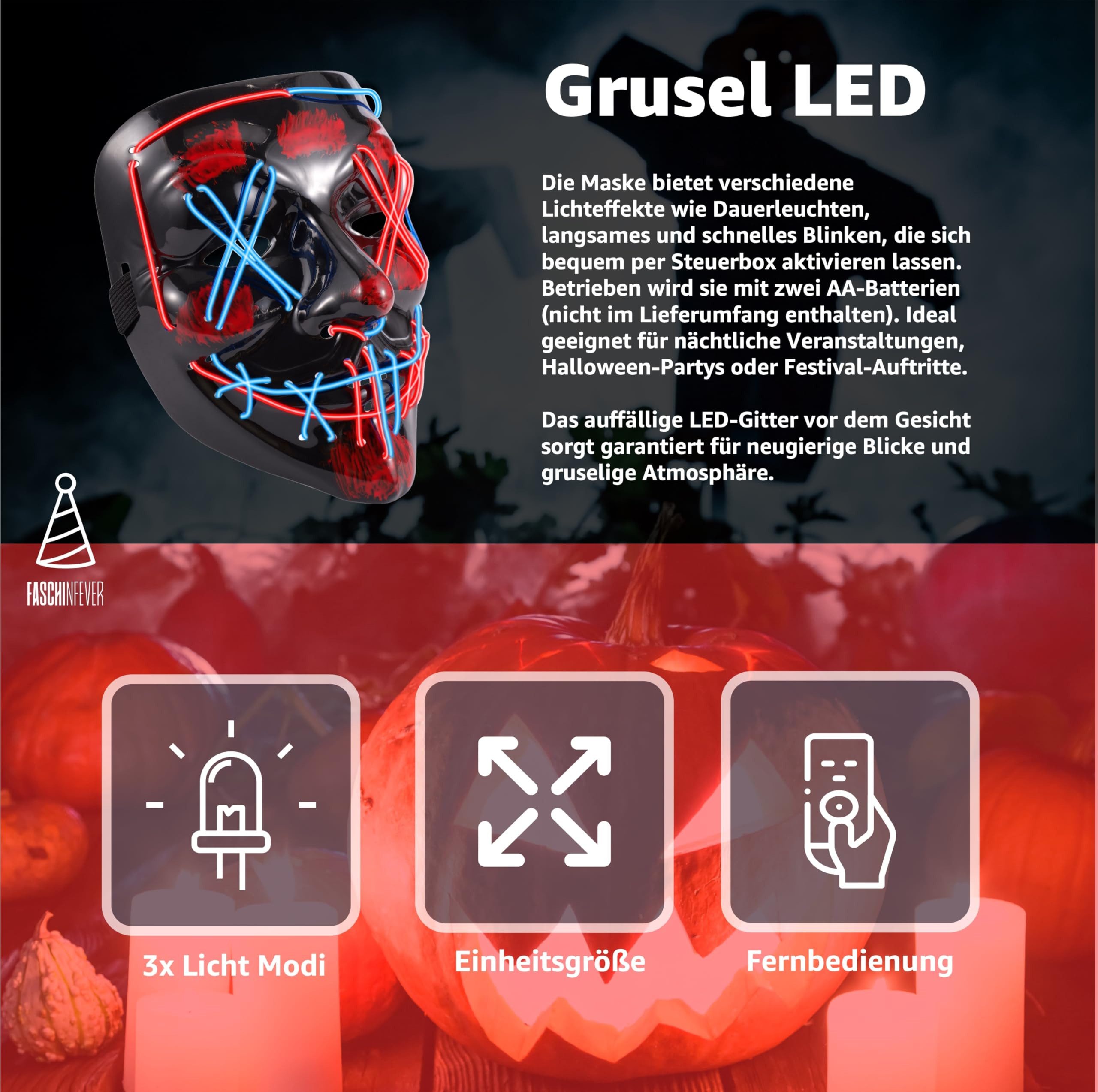 FASCHINFEVER Verkleidungsmaske LED Purge Maske - Halloween Kostüm Herren Halloween Maske, (Packung), mit Lichteffekten