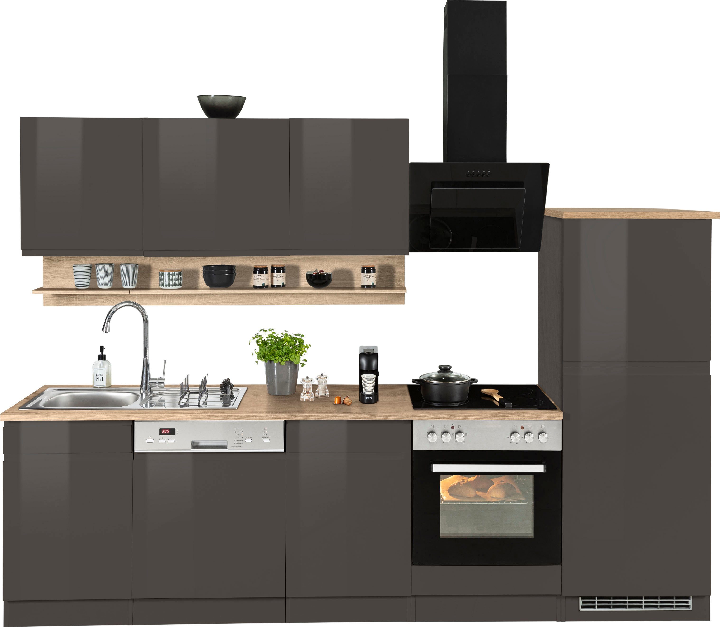 HELD MÖBEL Küche Virginia, Breite 280 cm, wahlweise mit E-Geräten grau Hochglanz/grafit-eiche sonoma | grau Hochglanz | graphit