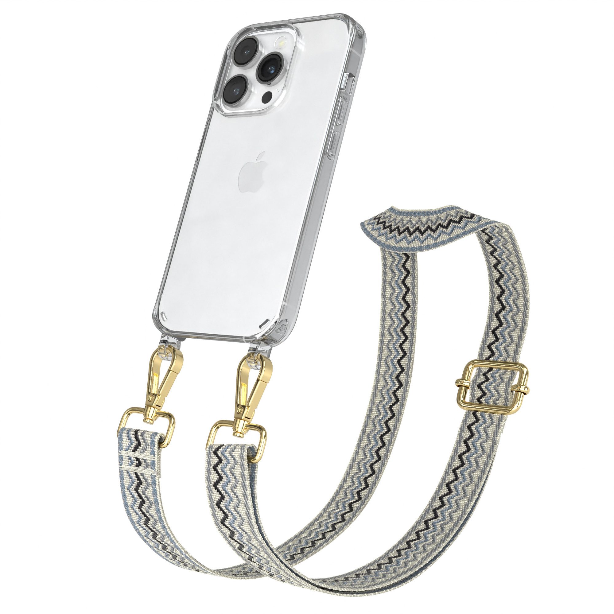 EAZY CASE Handykette Boho Umhängeband für Apple iPhone 14 Pro 6,1 Zoll, Backcover Handyhülle zum Umhängen Ersatzkordel Handy Tasche Hellblau