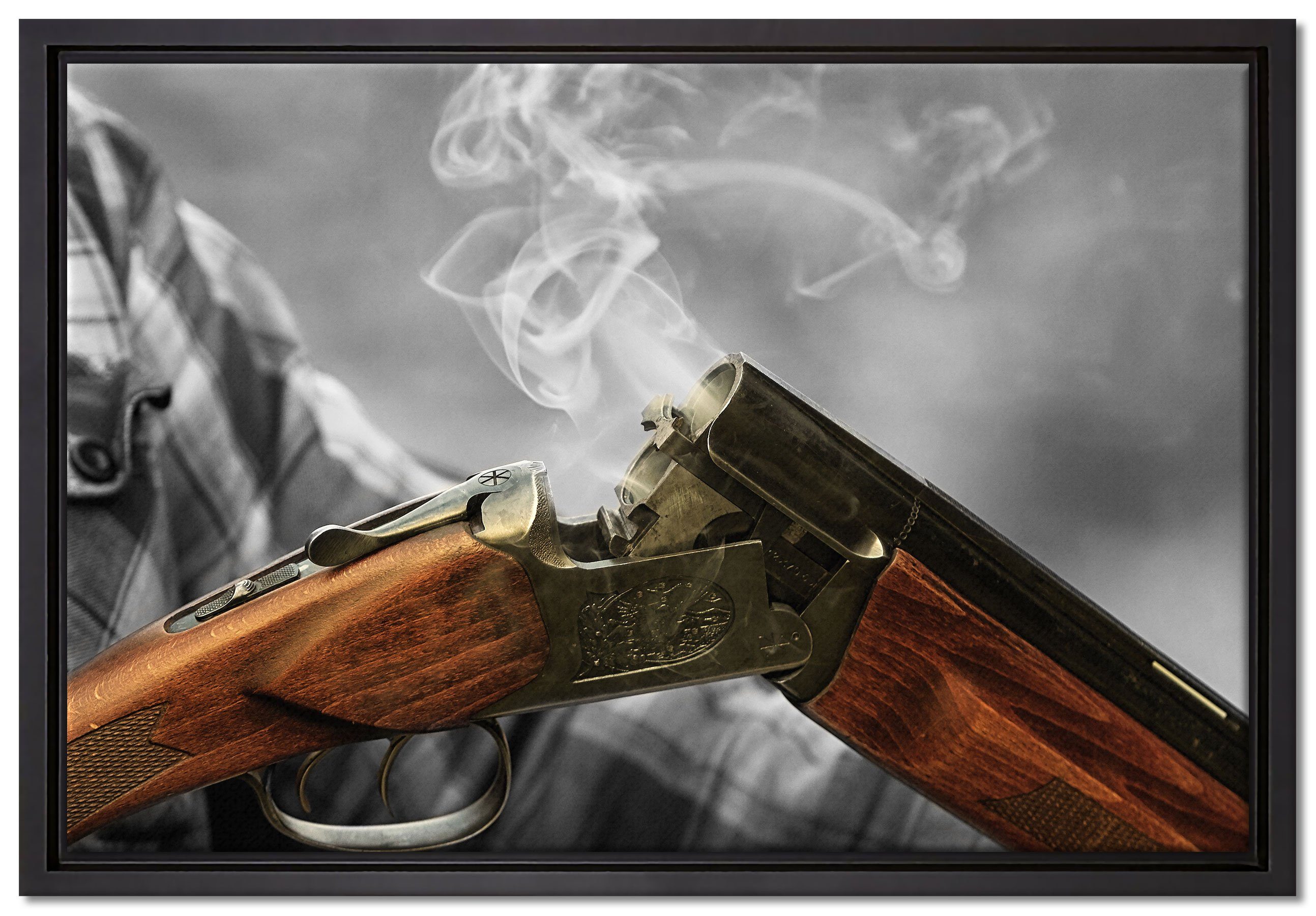 Pixxprint Leinwandbild Jagdgewehr nach dem Brand, Wanddekoration (1 St), Leinwandbild fertig bespannt, in einem Schattenfugen-Bilderrahmen gefasst, inkl. Zackenaufhänger