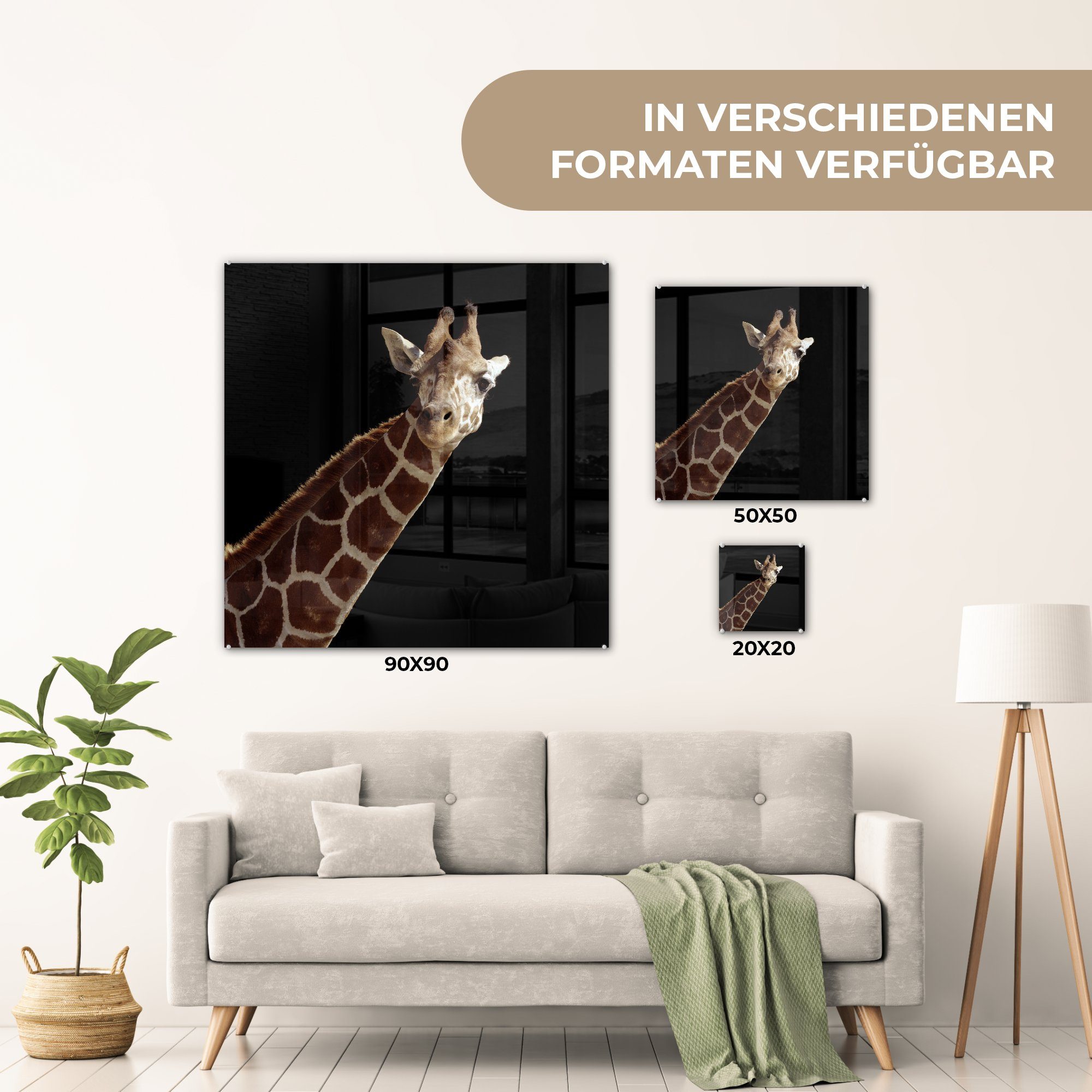 auf St), schwarzen für Porträt Bilder - Giraffe (1 MuchoWow Acrylglasbild - Glas Wandbild Foto - auf Glasbilder Glas Hintergrund, Wanddekoration