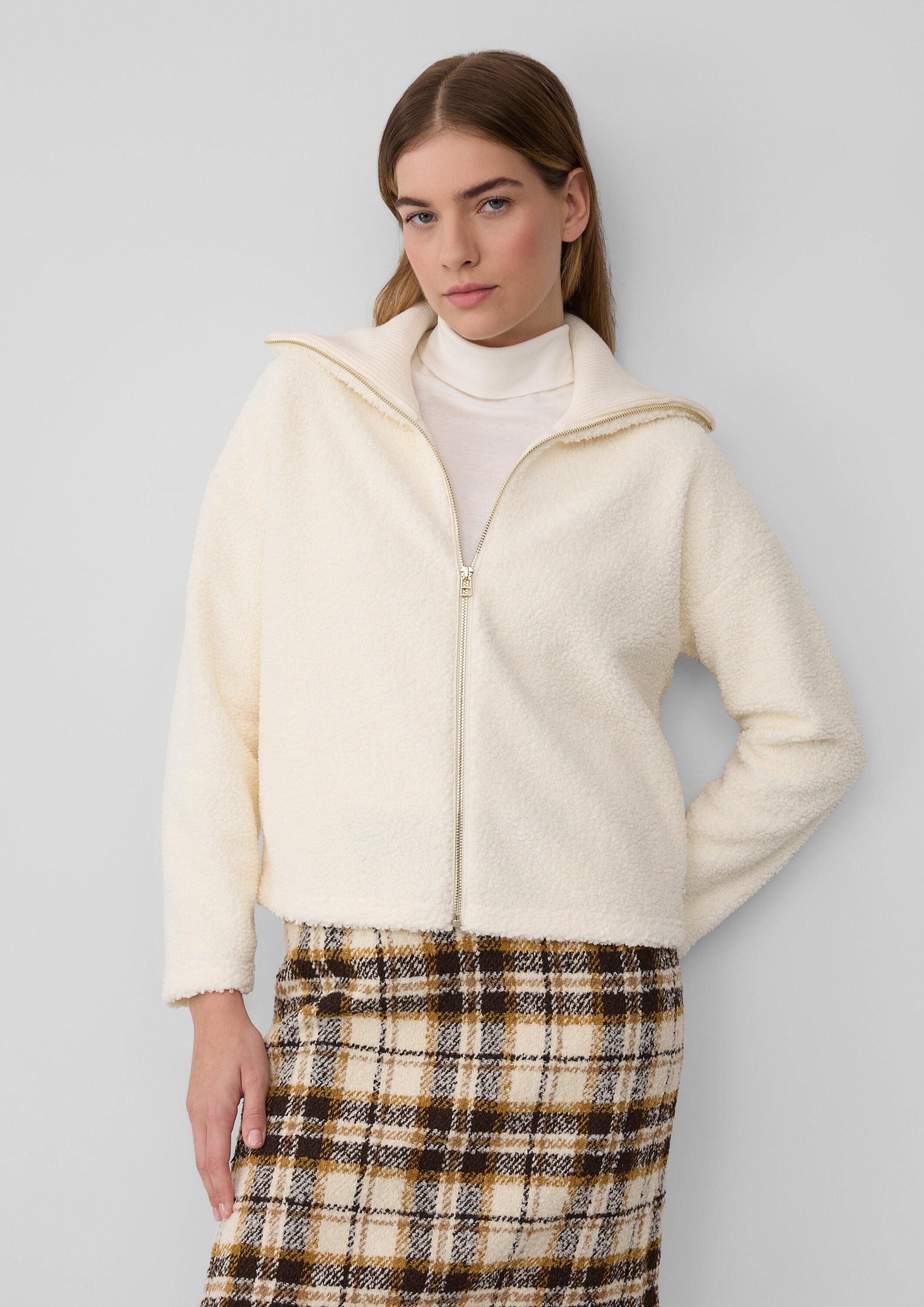 s.Oliver Sweatjacke Sweatshirt Jacke Leichte Teddyplüsch-Jacke mit Strickkragen
