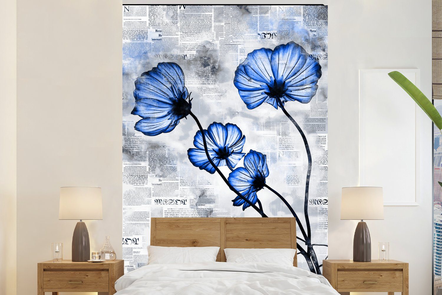 MuchoWow Fototapete Blumen - Zeitungspapier - Blau, Matt, bedruckt, (3 St), Montagefertig Vinyl Tapete für Wohnzimmer, Wandtapete