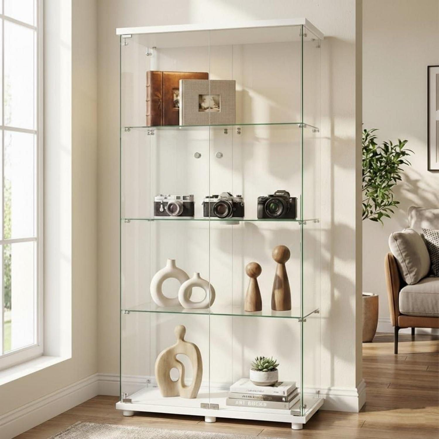 LuxusKollektion Glasvitrine Vitrine Glas 164.5cm Standvitrine 2 Tür 4 Lagen Weiß 2 Tür 4 Lagen